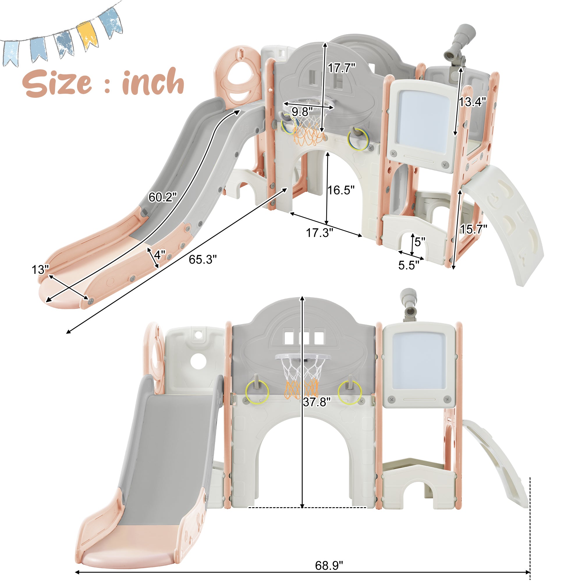 Kids Slide Playset Structure 9 in 1, Freestanding Spaceship Set with Slide, Arch Tunnel, Ring Toss, Drawing Whiteboardl and Basketball Hoop for Toddlers, Kids Climbers Playground