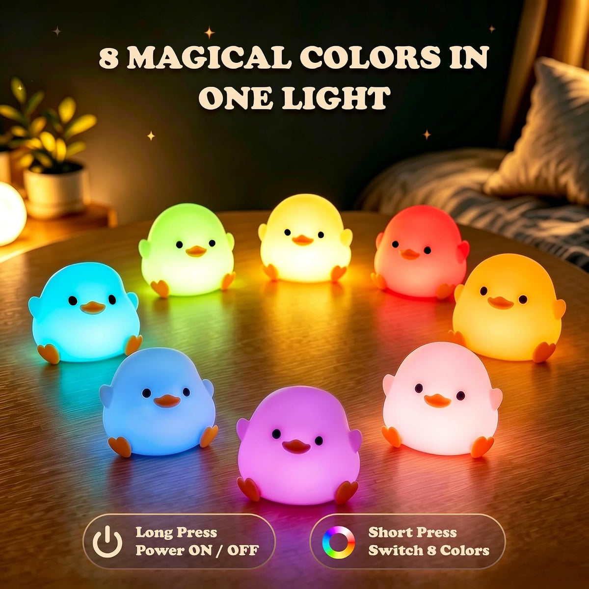 Mini Duck Night Light with Lanyard, 8 Color Changing Rechargeable Portable Mini Night Light for Kids, Soft Silicone Duck Squishy Cute Lamp for Bedroom & Camping, Gifts
