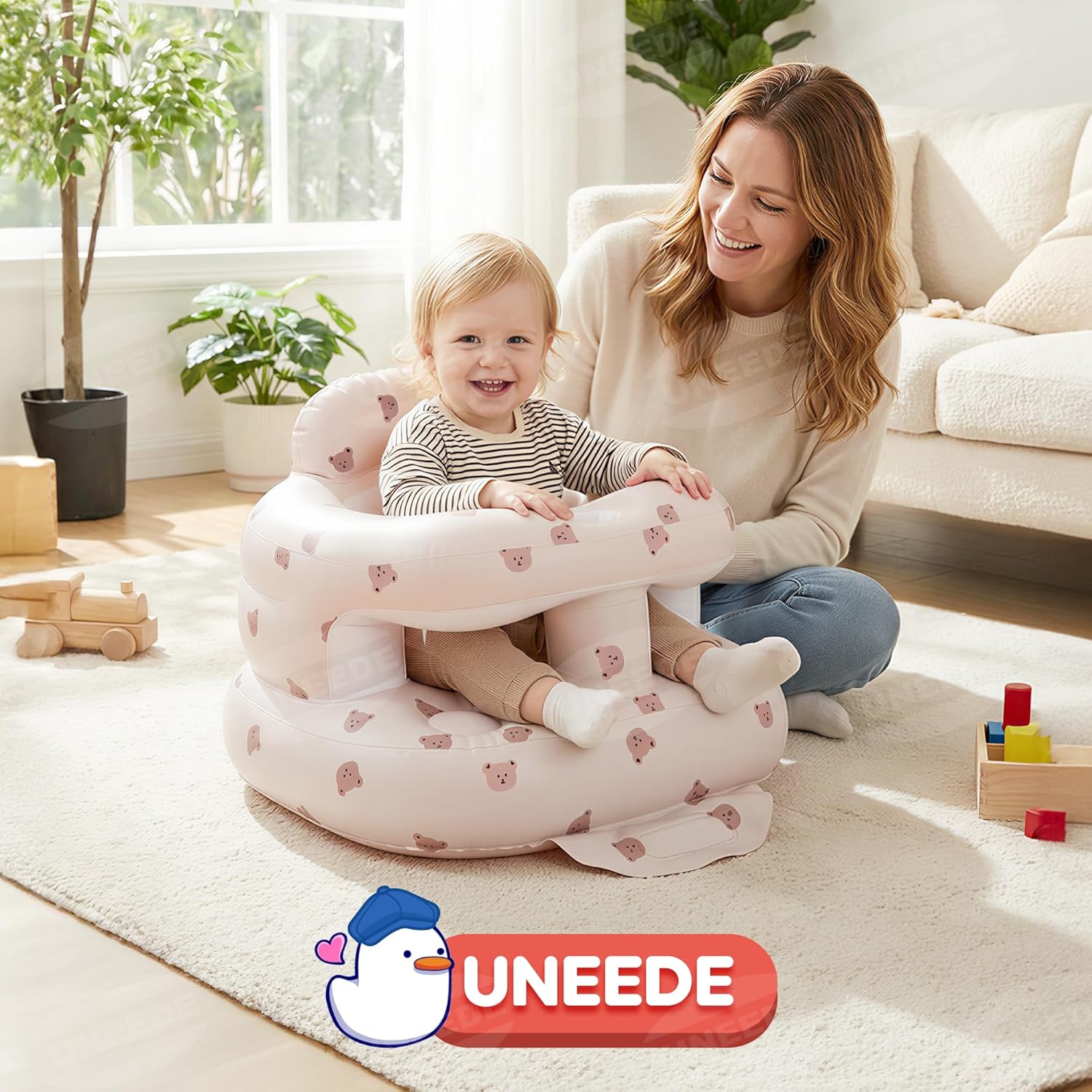 UNEEDE Inflatable Baby Seat for 3 Months & up, Infant Floor Baby Chair with Fence & Built in Air Pump,Lightweight Travel Baby Bath Seat for Home, Camping， Beach & Outdoor