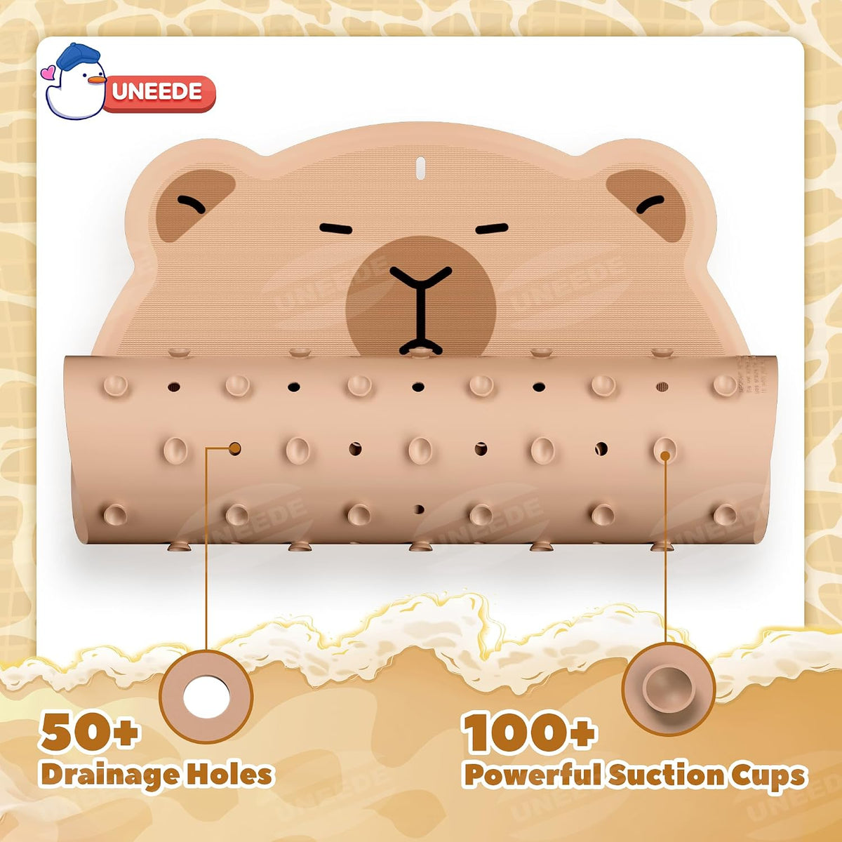 Non Slip Bathtub Mat for Kids Cute Capybara Baby Bath Mat for Tub with 100+ Suction Cups, Soft Rubber Washable Bath Mat, 30x18 Inches
