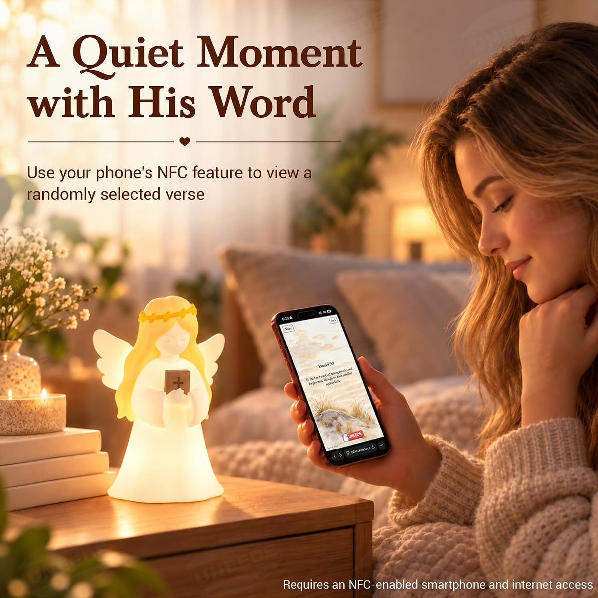 Angel Night Light with NFC Bible Verses, Bible-Holding Figurine Christian gift for women with 3 guided breathing patterns, 4 light modes, a rechargeable battery and an auto-off timer