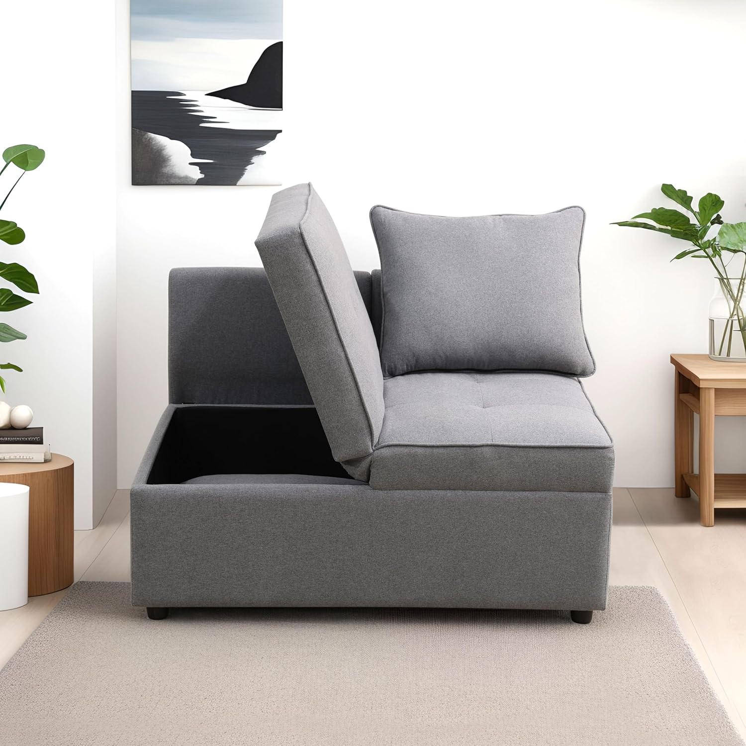 UNEEDE Convertible Loveseat Sofa Bed with Storage Ottoman, 2 Pillows & Adjustable Backrest - Grey Sackcloth 2-Seater Sleeper for Small Spaces, Living Room, Dorm, Office (Pink)