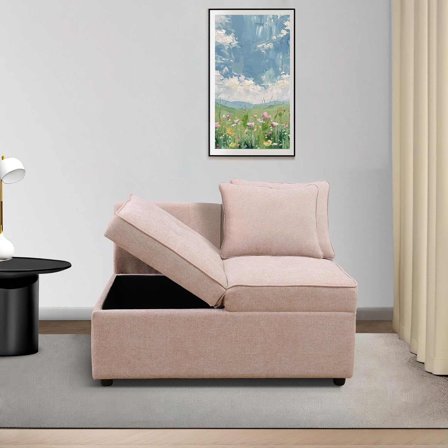 UNEEDE Convertible Loveseat Sofa Bed with Storage Ottoman, 2 Pillows & Adjustable Backrest - Grey Sackcloth 2-Seater Sleeper for Small Spaces, Living Room, Dorm, Office (Pink)
