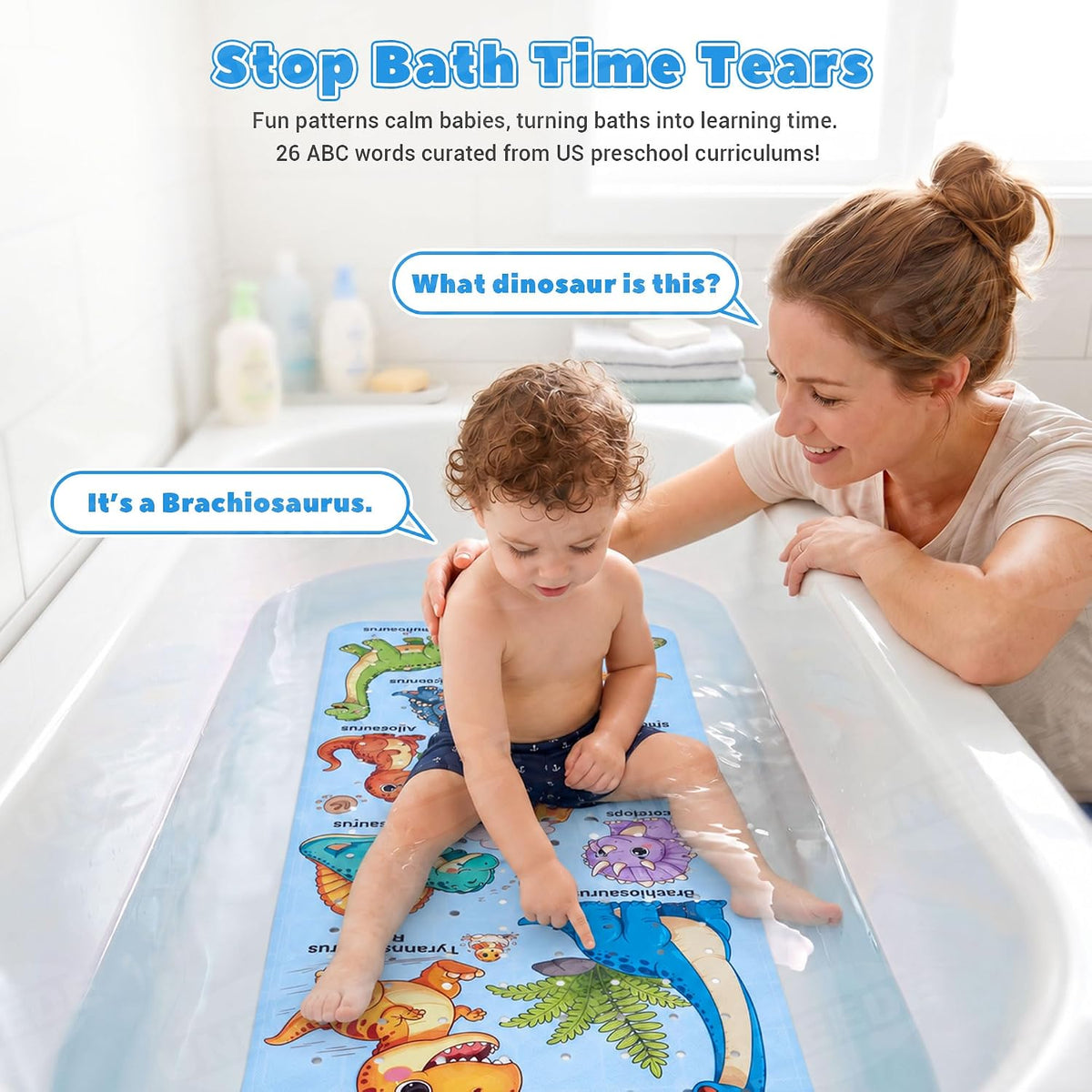 Baby Bathtub Mat Non Slip, Dinosaur Bath Mat for Tub 40"x16" 200 Suction Cups & 176 Drain Holes, Machine Washable, Quick Dry Shower Mat, Kids & Toddlers Bath Essentials, BPA Free