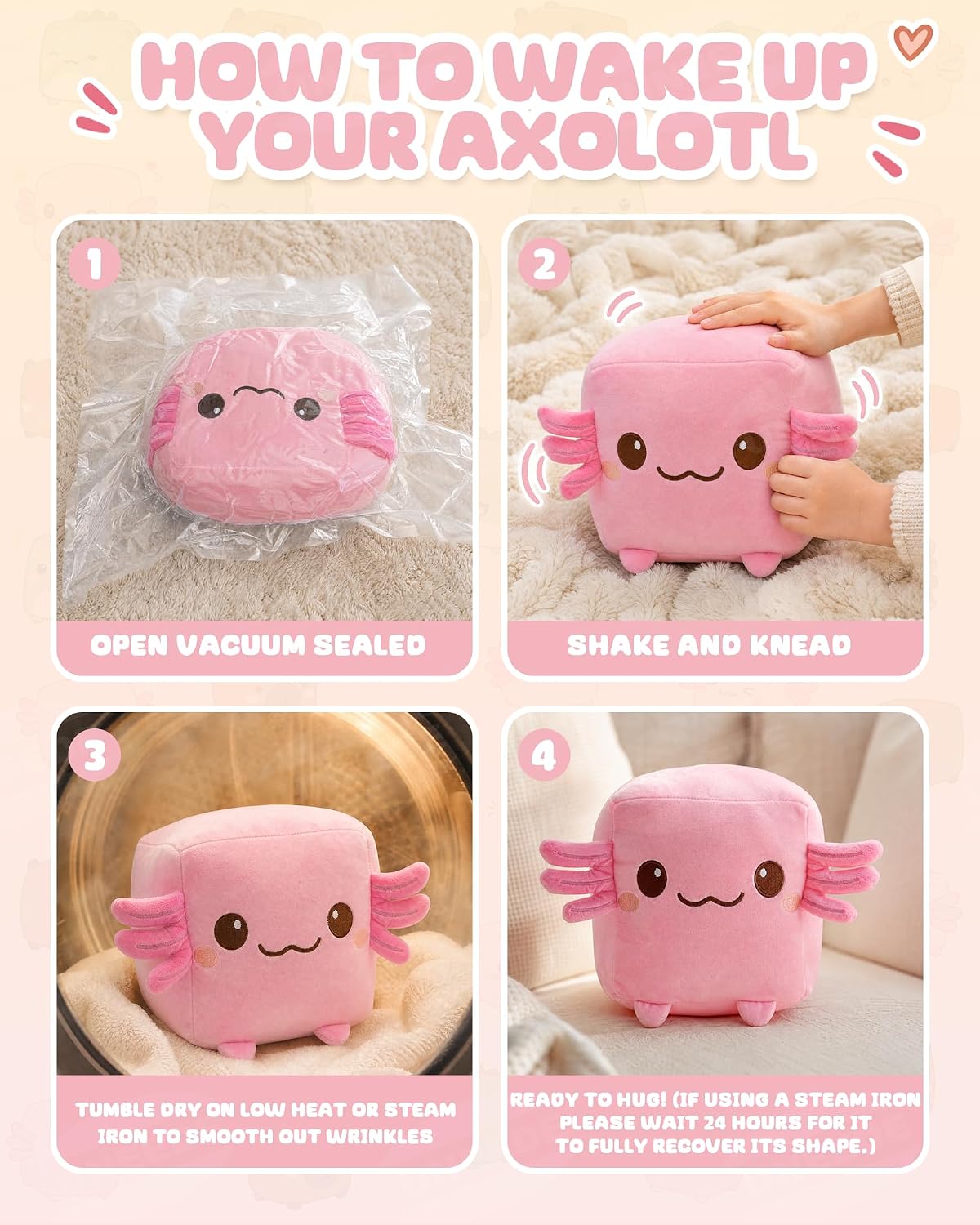 Axolotl Plush, 7.87-Inch Cute Pink Cube Stuffed Animal for Adults Soft Axolotl Soft Toy for Cosy Nights, Dorm Decor and Desk Setups,Gift for University Students and Soft Toy Lovers