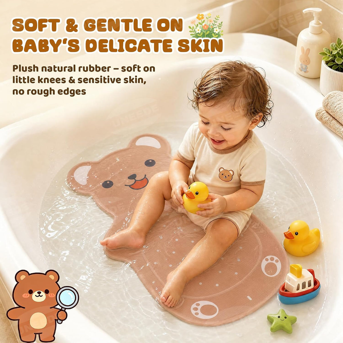 Non Slip Bathtub Mat for Kids Natural Rubber Toddler Bath Mat with 126 Suction Cups and 43 Drainage Holes, Soft Machine Washable Bathroom Essentials