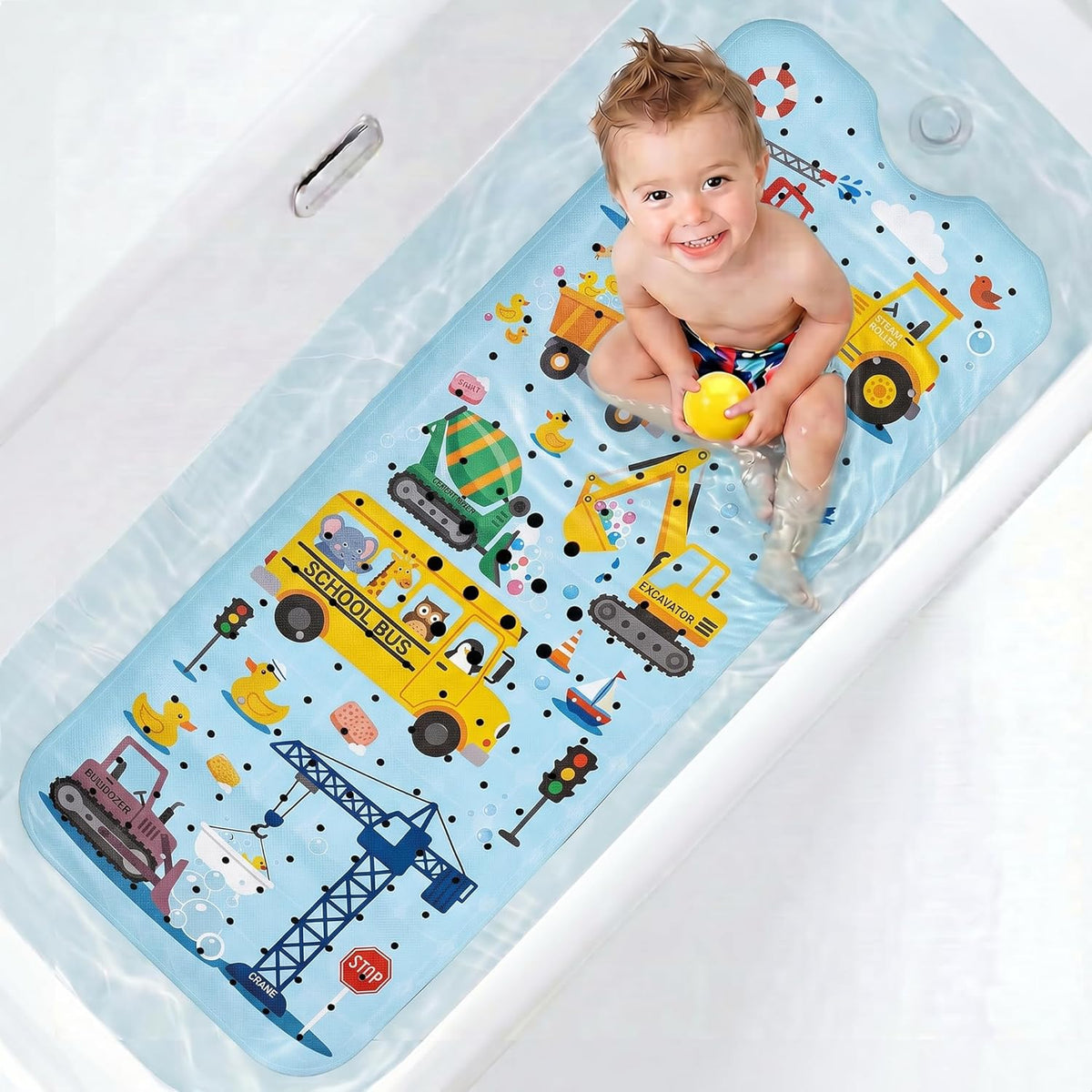 Baby Bathtub Mat Non Slip, 40x16'' Excavator Design Bath Mat for Tub 200 Suction Cups & 176 Drain Holes, Machine Washable, Quick Dry Shower Mat for Kids Bath Essentials, BPA Free