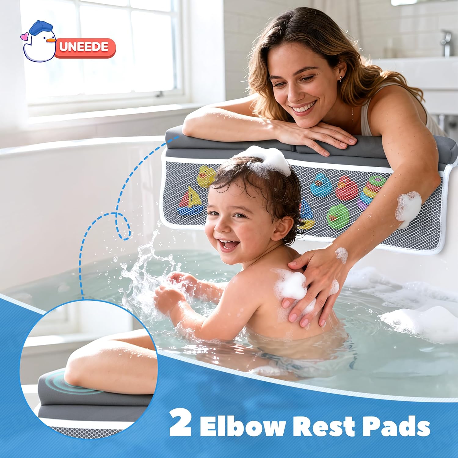 UNEEDE Baby Bath Kneeler and Elbow Rest Pad Set, 1.5” Thick Memory Foam Bath Kneeling Pad with Elbow Support, Bathtub Mat with Toy Organizer for Bathing Infant or Toddler, Grey