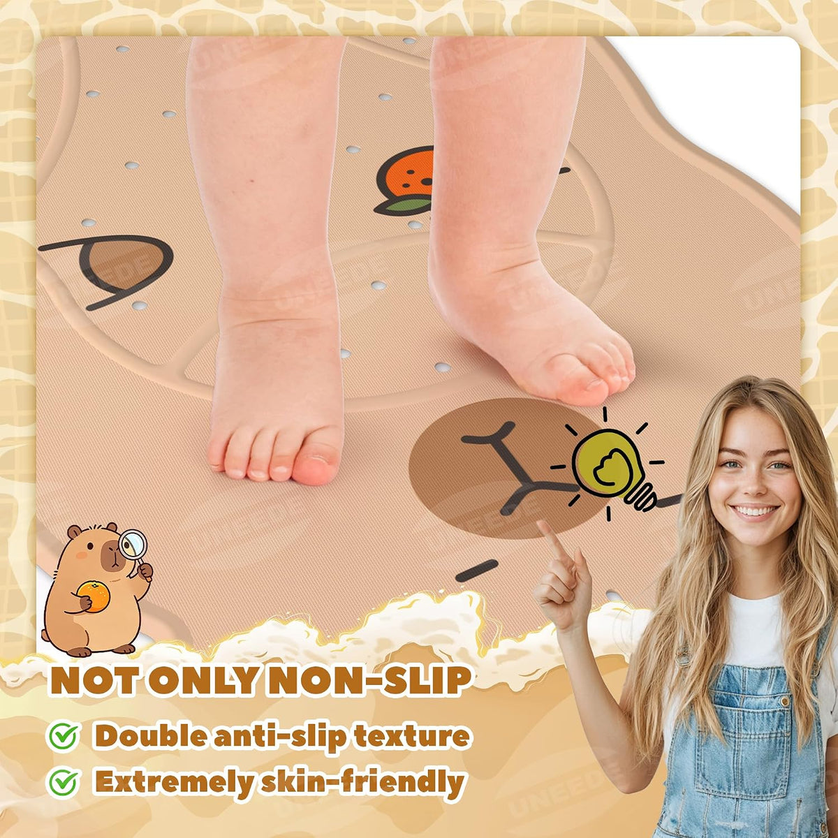 Non Slip Bathtub Mat for Kids Cute Capybara Baby Bath Mat for Tub with 100+ Suction Cups, Soft Rubber Washable Bath Mat, 30x18 Inches