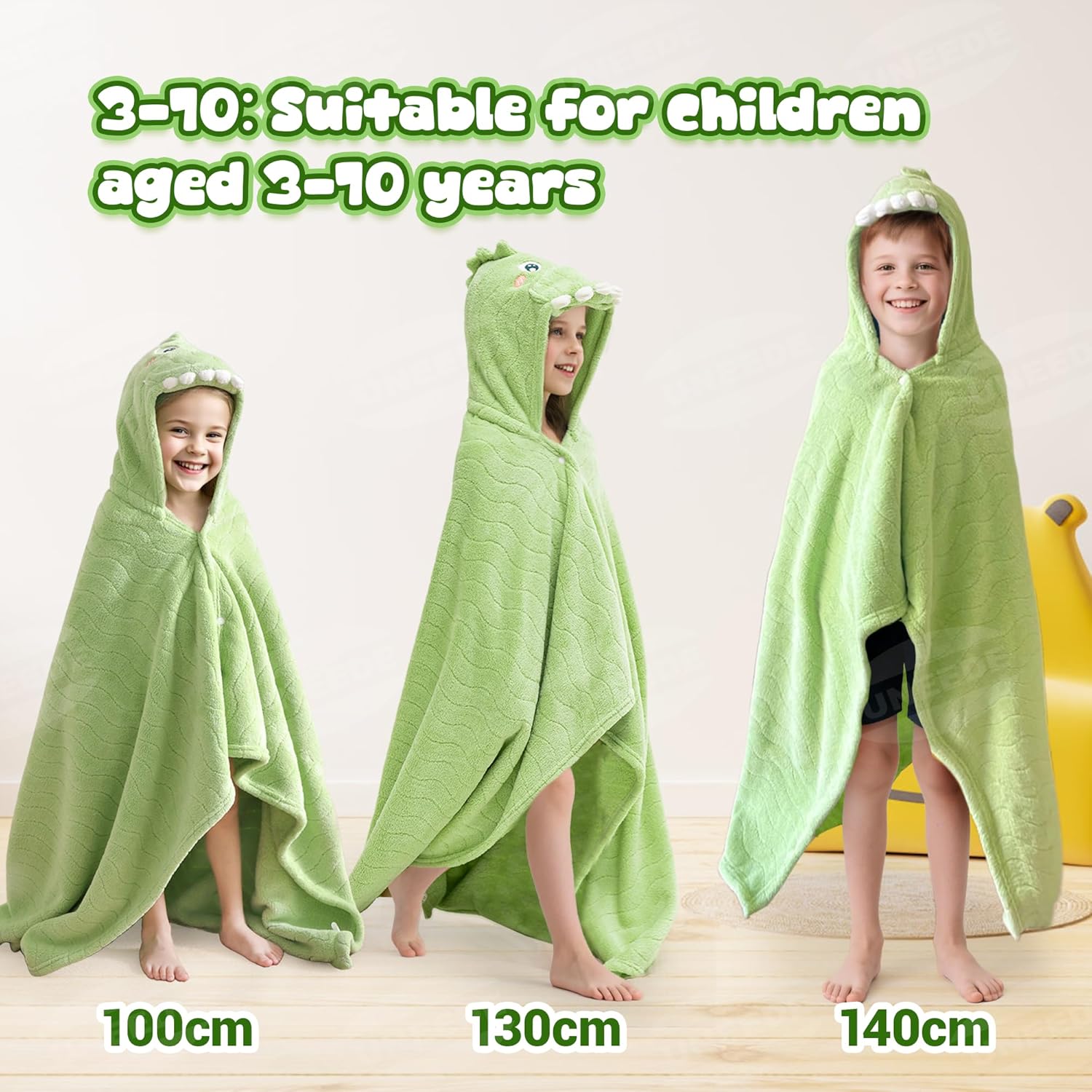 UNEEDE Green Dinosaur Bath Hooded Towel for Kids,Extra Soft and Fast Drying Poncho for Toddlers Age 3-10,Kids Beach Hooded Towel Polyester Size 31 x 47 in,Machine Washable Poncho for Bath Beach Pool