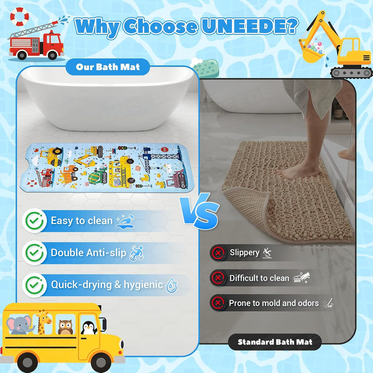 Baby Bathtub Mat Non Slip, 40x16'' Excavator Design Bath Mat for Tub 200 Suction Cups & 176 Drain Holes, Machine Washable, Quick Dry Shower Mat for Kids Bath Essentials, BPA Free
