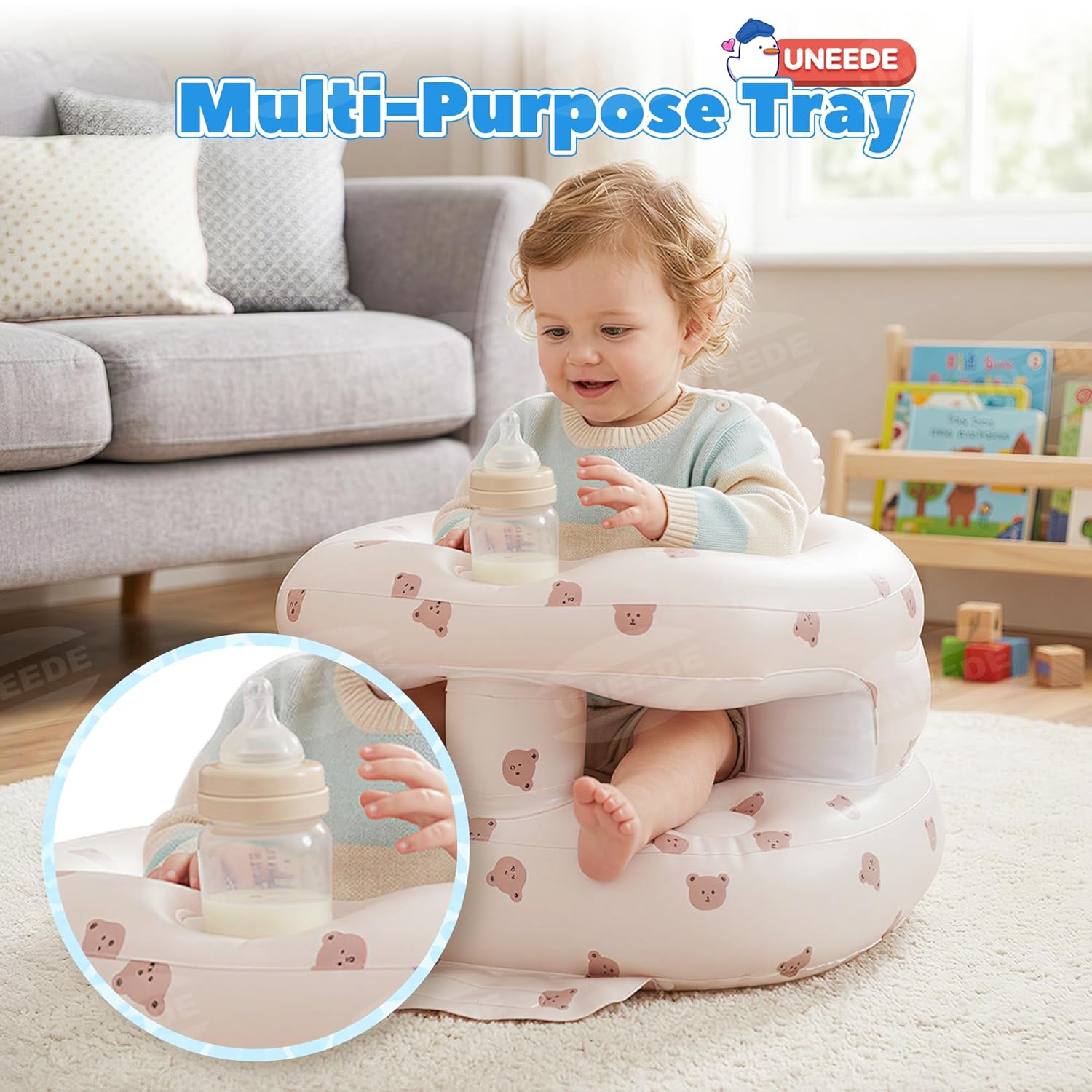 UNEEDE Inflatable Baby Seat for 3 Months & up, Infant Floor Baby Chair with Fence & Built in Air Pump,Lightweight Travel Baby Bath Seat for Home, Camping， Beach & Outdoor