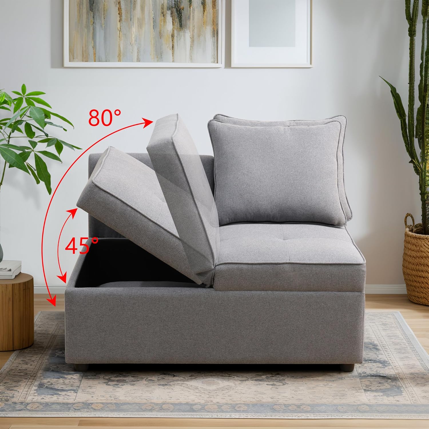 UNEEDE Convertible Loveseat Sofa Bed with Storage Ottoman, 2 Pillows & Adjustable Backrest - Grey Sackcloth 2-Seater Sleeper for Small Spaces, Living Room, Dorm, Office (Pink)