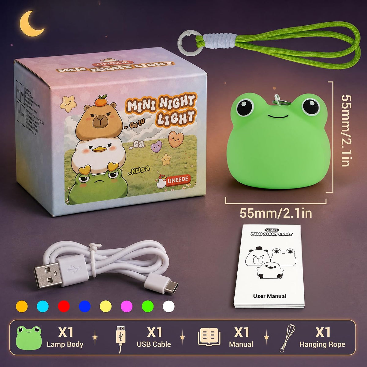 Mini Frog Night Light with Lanyard, 8 Color Changing Rechargeable Portable Mini Kids Night Light , Soft Silicone Cute Lamp for Bedroom & Camping,Gifts
