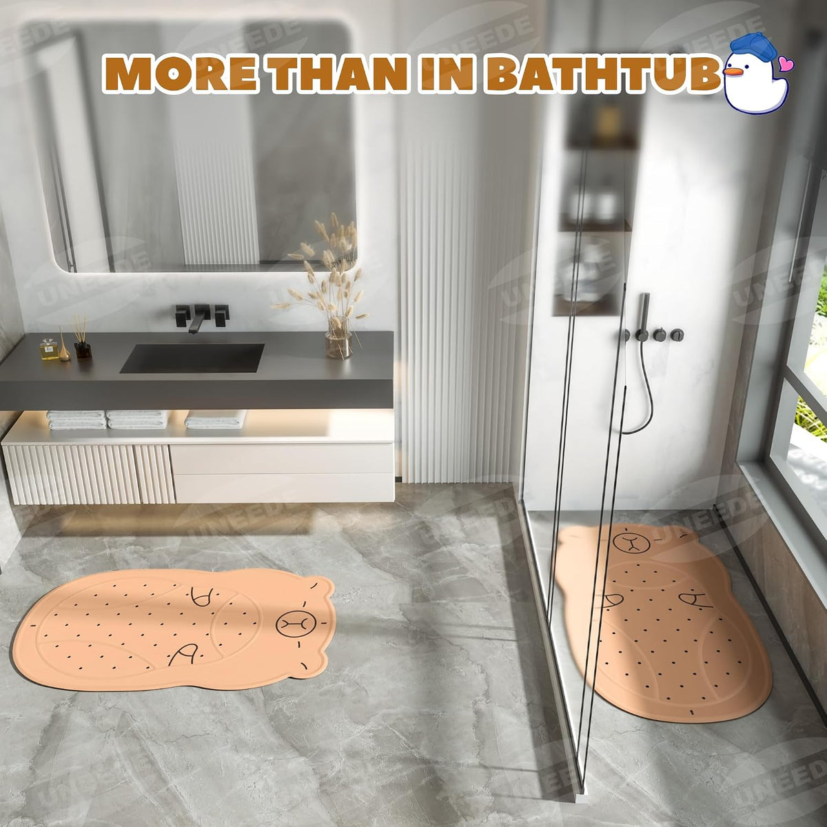 Kids Bathtub Mat Non Slip, Soft Rubber Shower Mat for Toddler Machine Washable Bath Mat with 100+ suction cups and 50+ Drainage Holes, 30"x18" Cute Capybara Design, Baby Bath Essentials