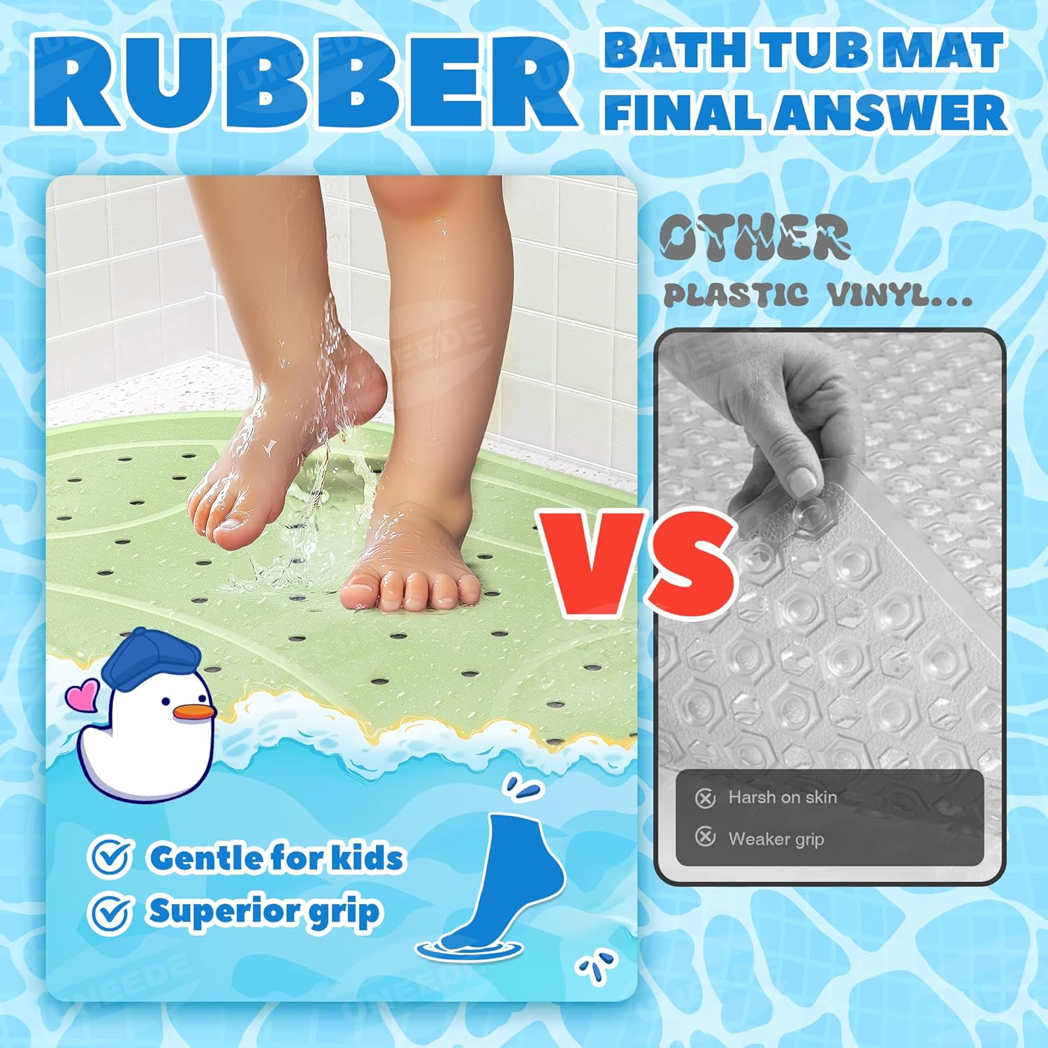 UNEEDE Green Frog Kids Bathtub Mat Non Slip Shower Mat for Toddlers, Washable Anti Slip Tub Surface, Soft Rubber Mat for Bathtub Shower, Waterproof Bathtub Essentials for Children