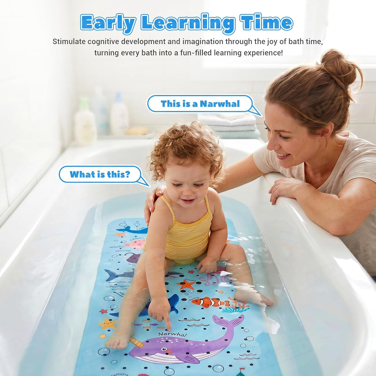 Baby Bathtub Mat Non Slip, 40''x16'' Marine Life Bath Mat for Tub 200 Suction Cups & 176 Drain Holes, Machine Washable, Quick Dry Shower Mat for Kids Bath Essentials, BPA Free, Ocean Pattern