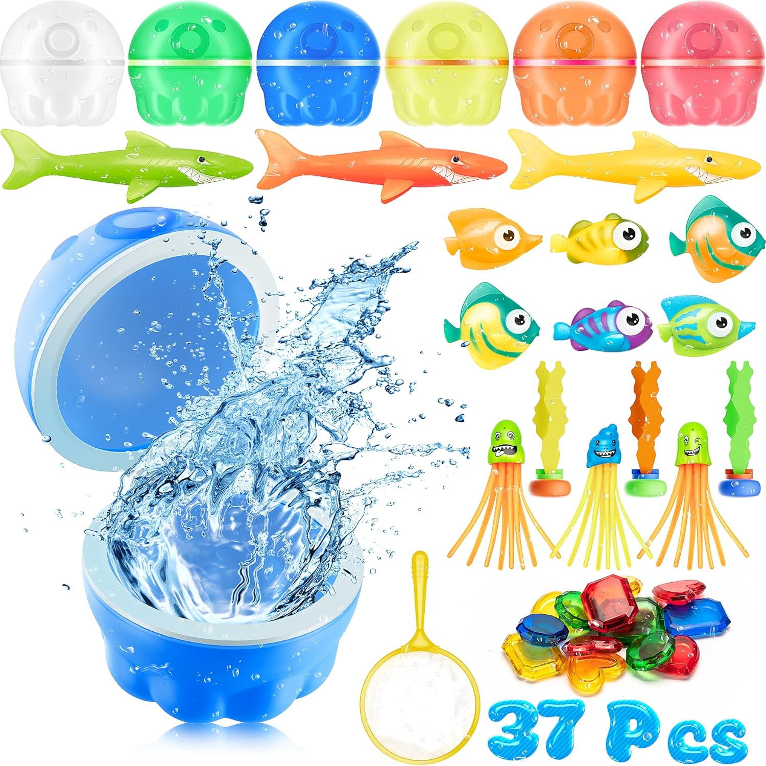 UNEEDE 37 Pcs Pool Toys Set, Reusable Water Balloons and Diving Toys for Kids, Magnetic Water Balloons Quick Fill and Underwater Summer Fun Toys Set, Water & Bath Toys, Outdoor & Beach Toys