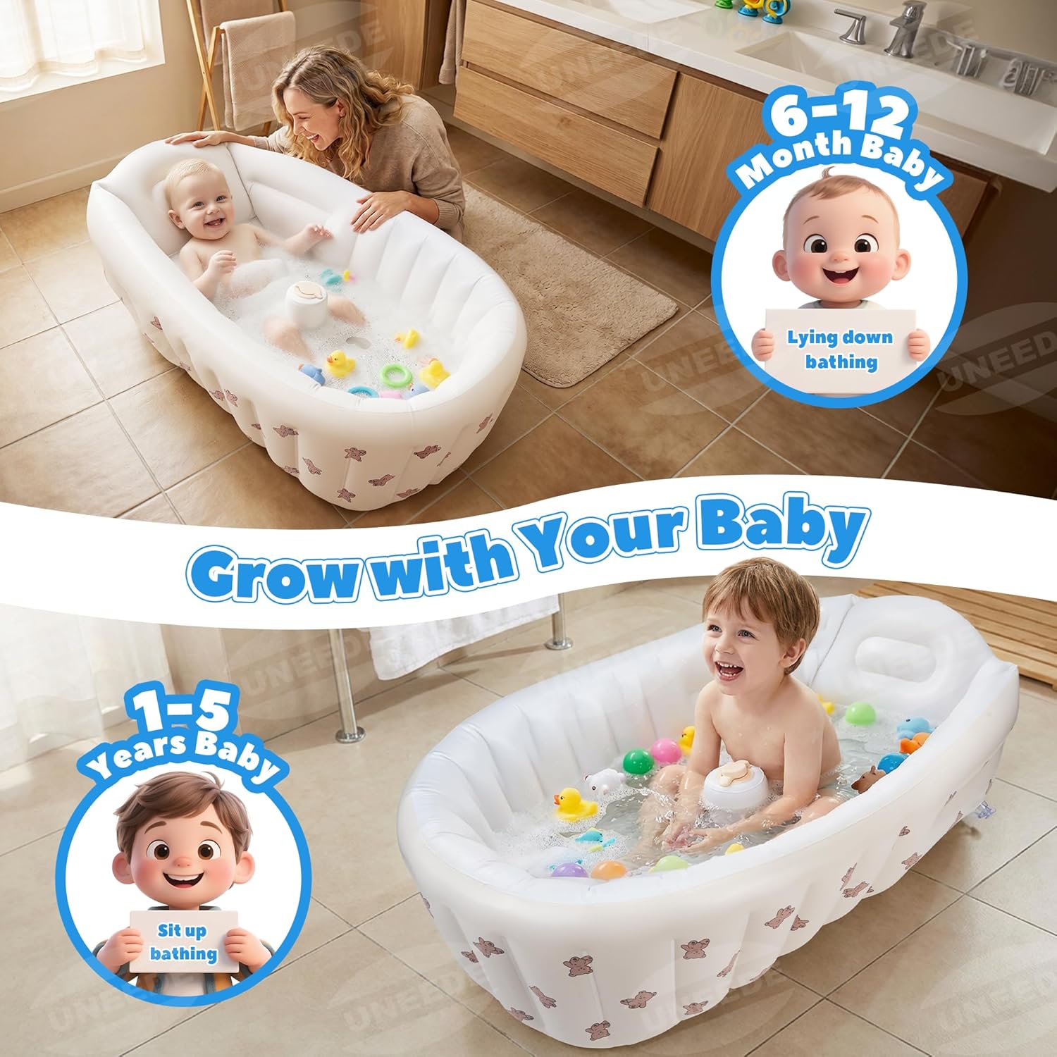 UNEEDE Inflatable Bathtub for Toddlers, Portable Baby Tub with Built-in Air Pump, Anti-Slip Design with Big Drain, Perfect for 0-6 Months Newborn and up, Ideal for Home Travel & Beach