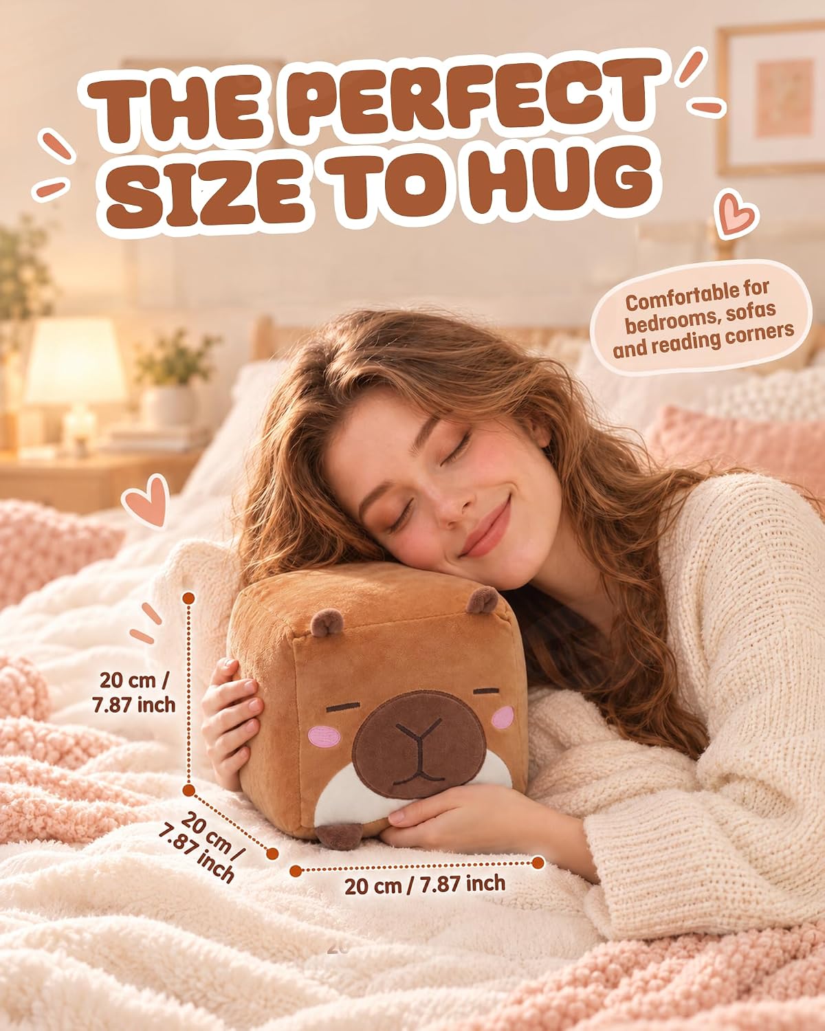 Capybara Plush, 7.87-Inch Cute Brown Cube Stuffed Animal for Adults Soft Capybara Plushie for Cozy Nights, Dorm Decor and Desk Setups,Gift for College Students and Plush Lovers