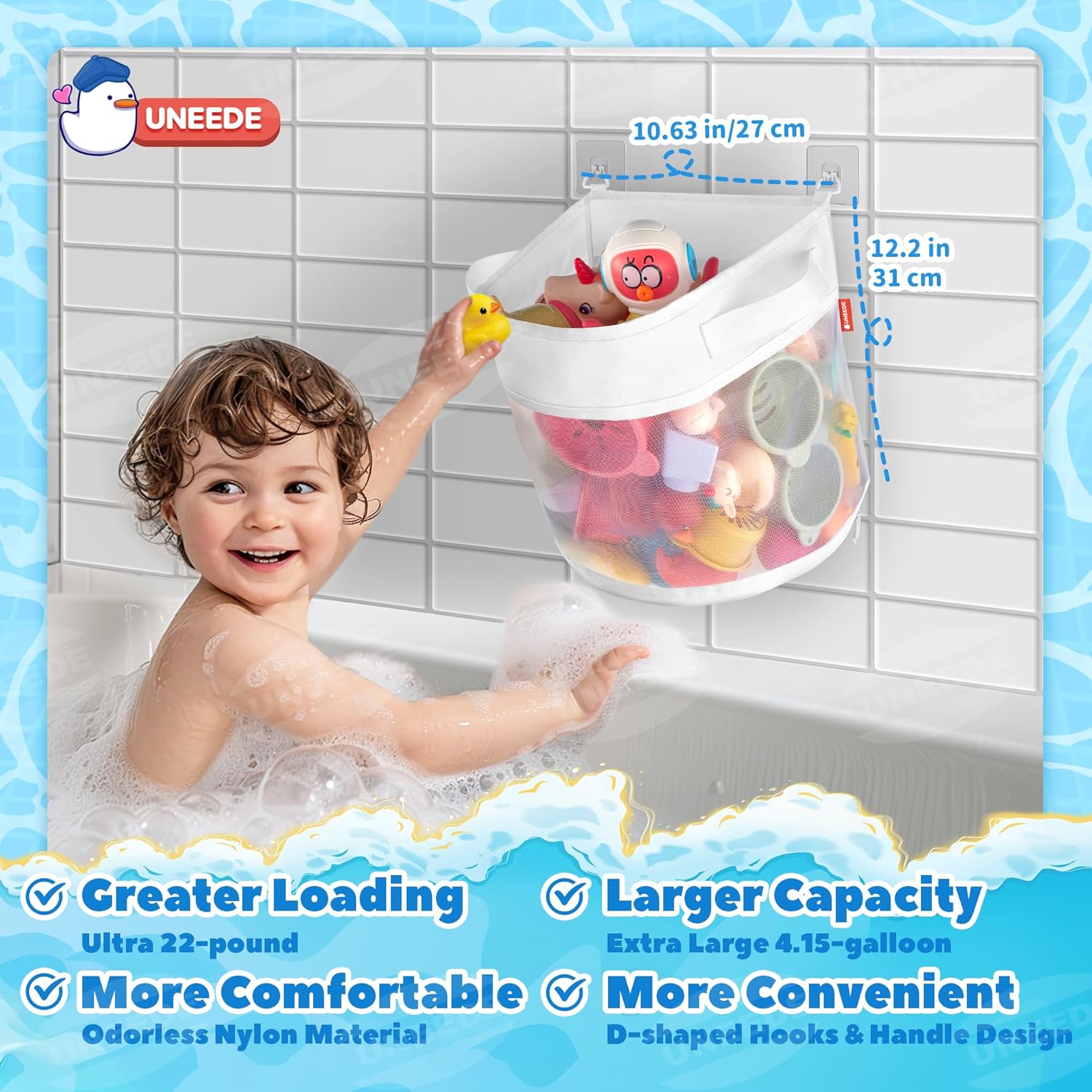 UNEEDE Bath Toy Organizer,4 Gallons Bathtub Toy Storage Organizer,Quick Access Bath Toy Holder For Bathtub,Baby Organizer And Storage,Quick Dry Baby Bath Toy Storage For Tub,Mesh Shower Caddy