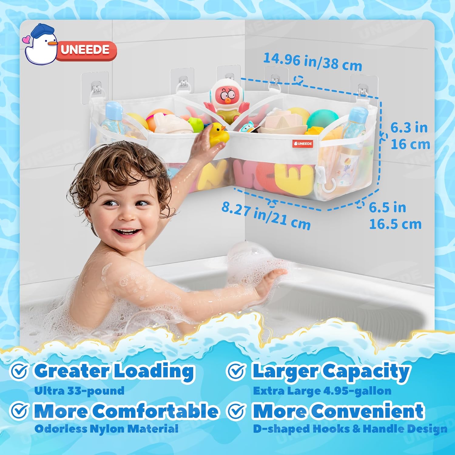 UNEEDE Bath Toy Storage - 3 Compartment Corner Bath Toy Storage Organizer, 4 Gallons Quick-Drying Bath Toy Holder, Machine-Washable Bathtub Toy Storage for Classify Toys & Bath Supplies