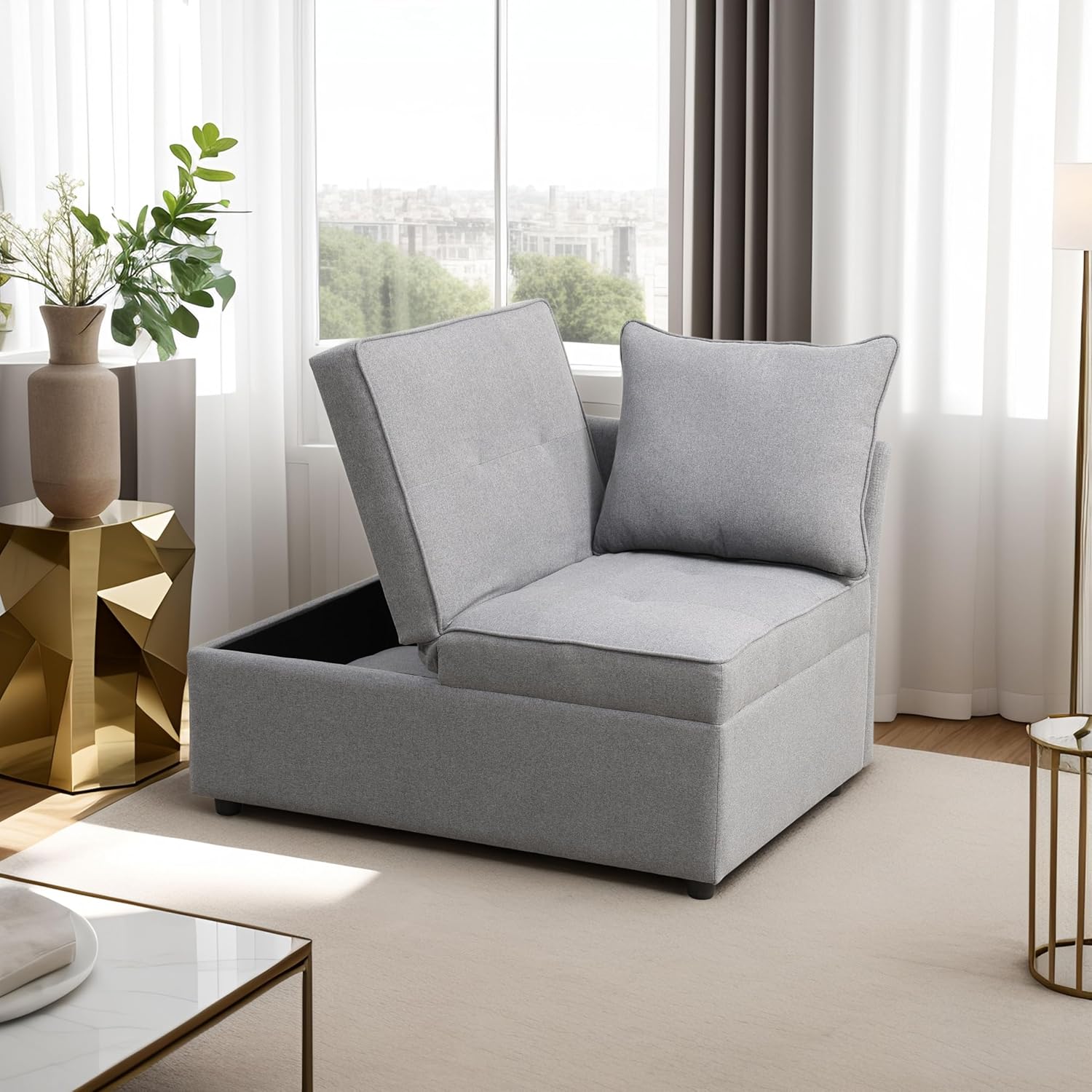 UNEEDE Convertible Loveseat Sofa Bed with Storage Ottoman, 2 Pillows & Adjustable Backrest - Grey Sackcloth 2-Seater Sleeper for Small Spaces, Living Room, Dorm, Office (Pink)