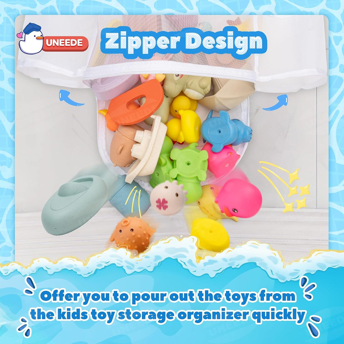 4.5 Gallons Bath Toy Storage with 2 Side Pockets, Quick-Dry Mesh Organizer Large-Opening Bath Toy Holder with Bottom Zipper for Easy Access, Space-Saving Organizer for Kids Bathtubs