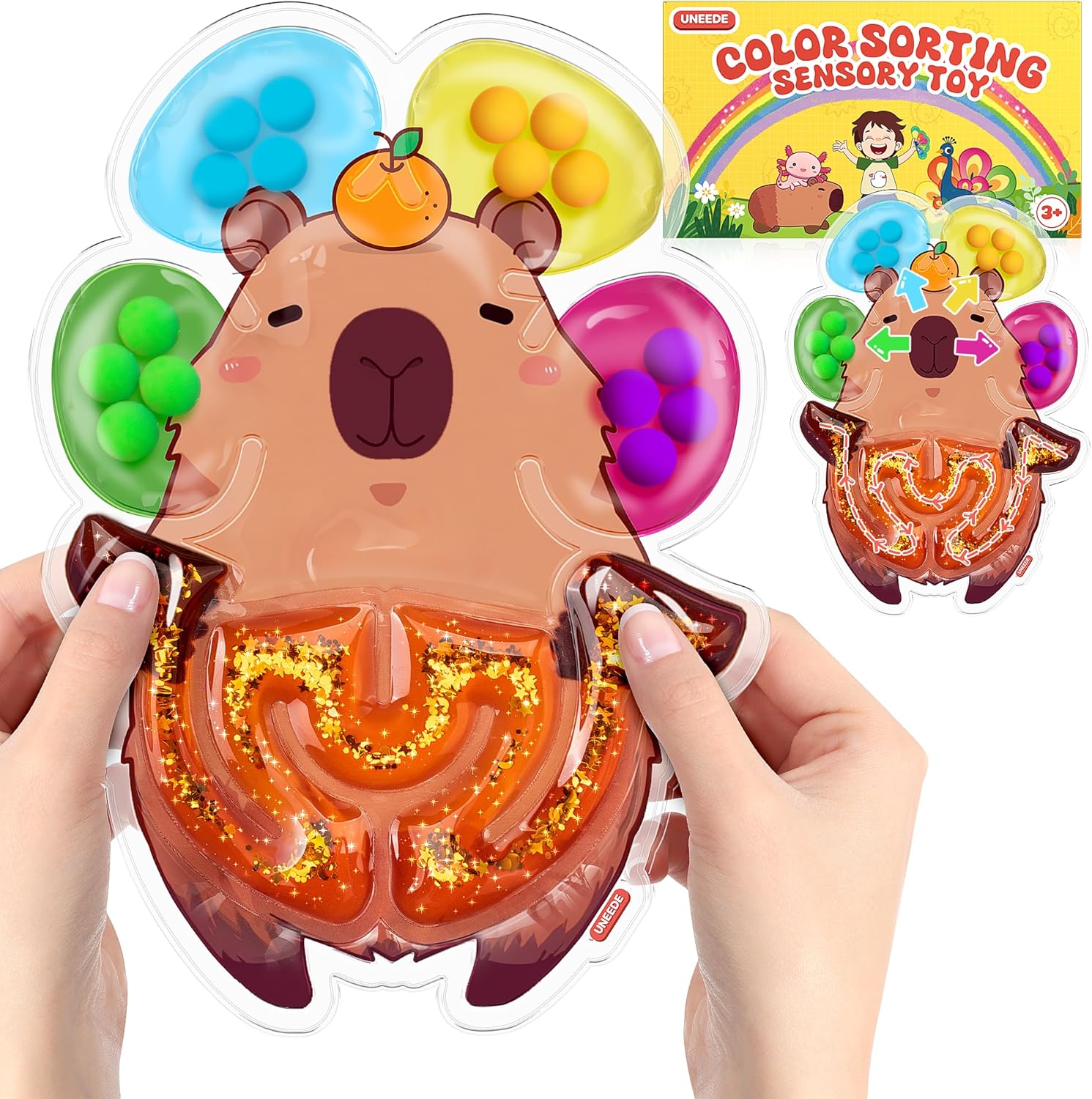 UNEEDE 2 in 1 Capybara Color Sorting Sensory Toys for Toddlers, Squishy Fidget Toys for Toddlers, Fine Motor Toys for Autistic Kids, Preschool Learning Activities Calm Down Montessori Toys