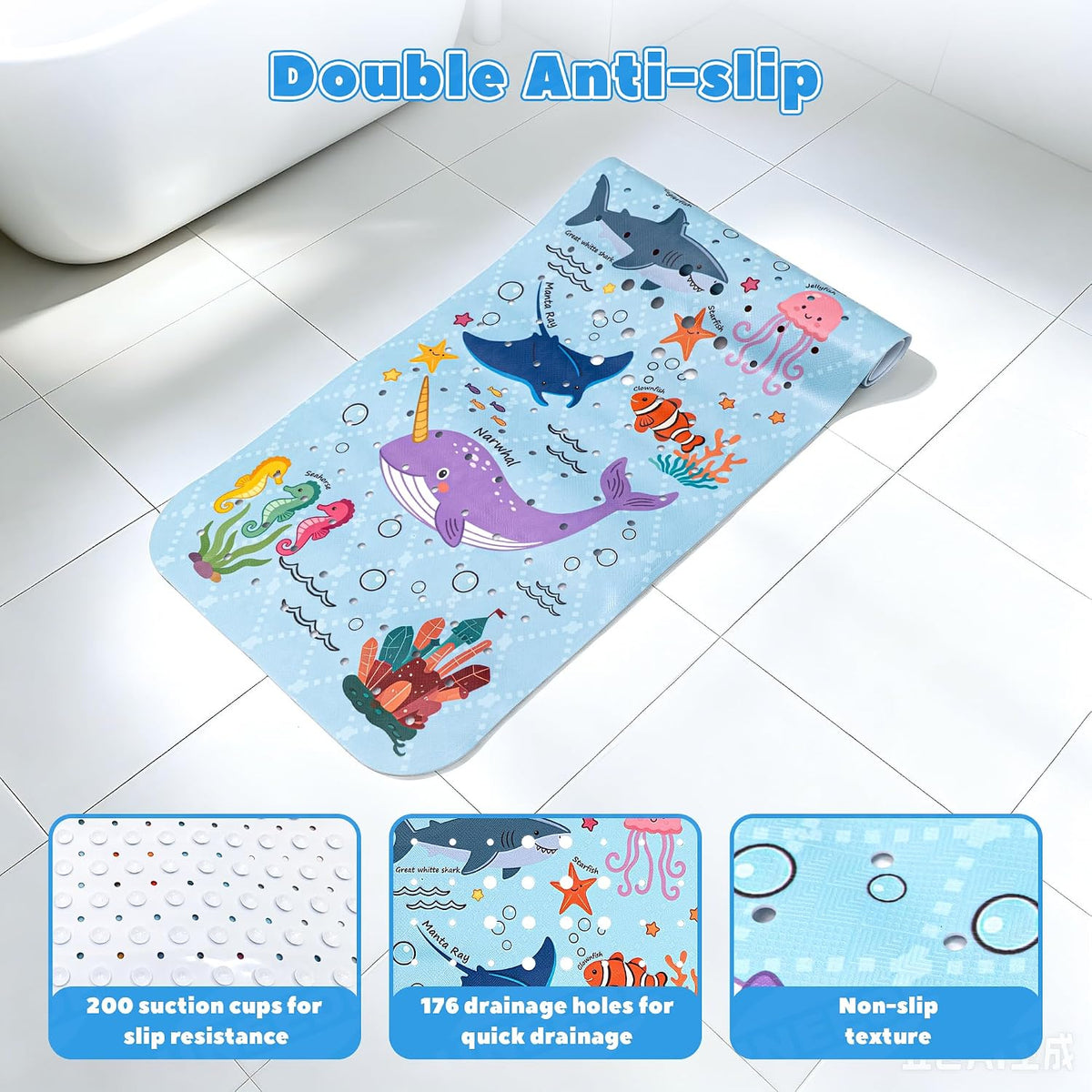Baby Bathtub Mat Non Slip, 40''x16'' Marine Life Bath Mat for Tub 200 Suction Cups & 176 Drain Holes, Machine Washable, Quick Dry Shower Mat for Kids Bath Essentials, BPA Free, Ocean Pattern