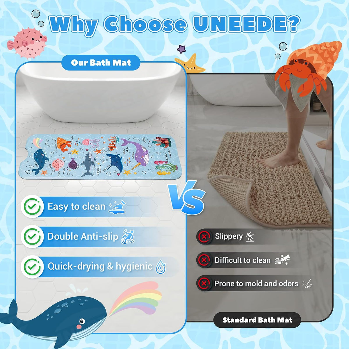 Baby Bathtub Mat Non Slip, 40''x16'' Marine Life Bath Mat for Tub 200 Suction Cups & 176 Drain Holes, Machine Washable, Quick Dry Shower Mat for Kids Bath Essentials, BPA Free, Ocean Pattern
