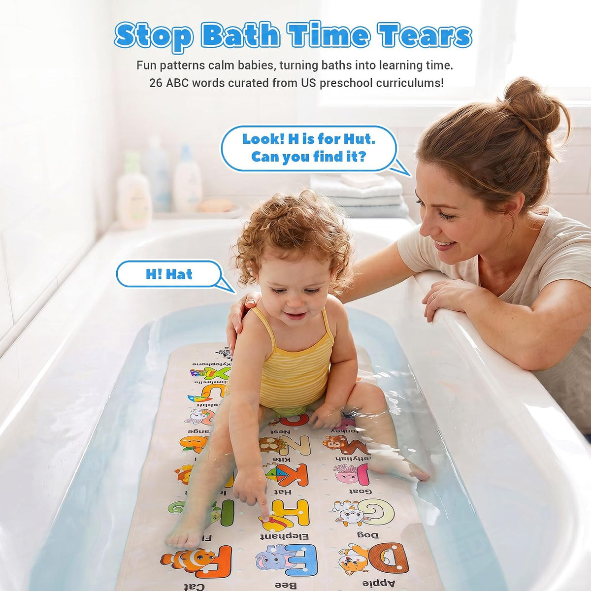 Baby Bathtub Mat Non Slip, Alphabet Bath Mat for Tub 40"x16" 200 Suction Cups & 176 Drain Holes, Machine Washable, Quick Dry Shower Mat, Kids & Toddlers Bath Essentials, BPA Free