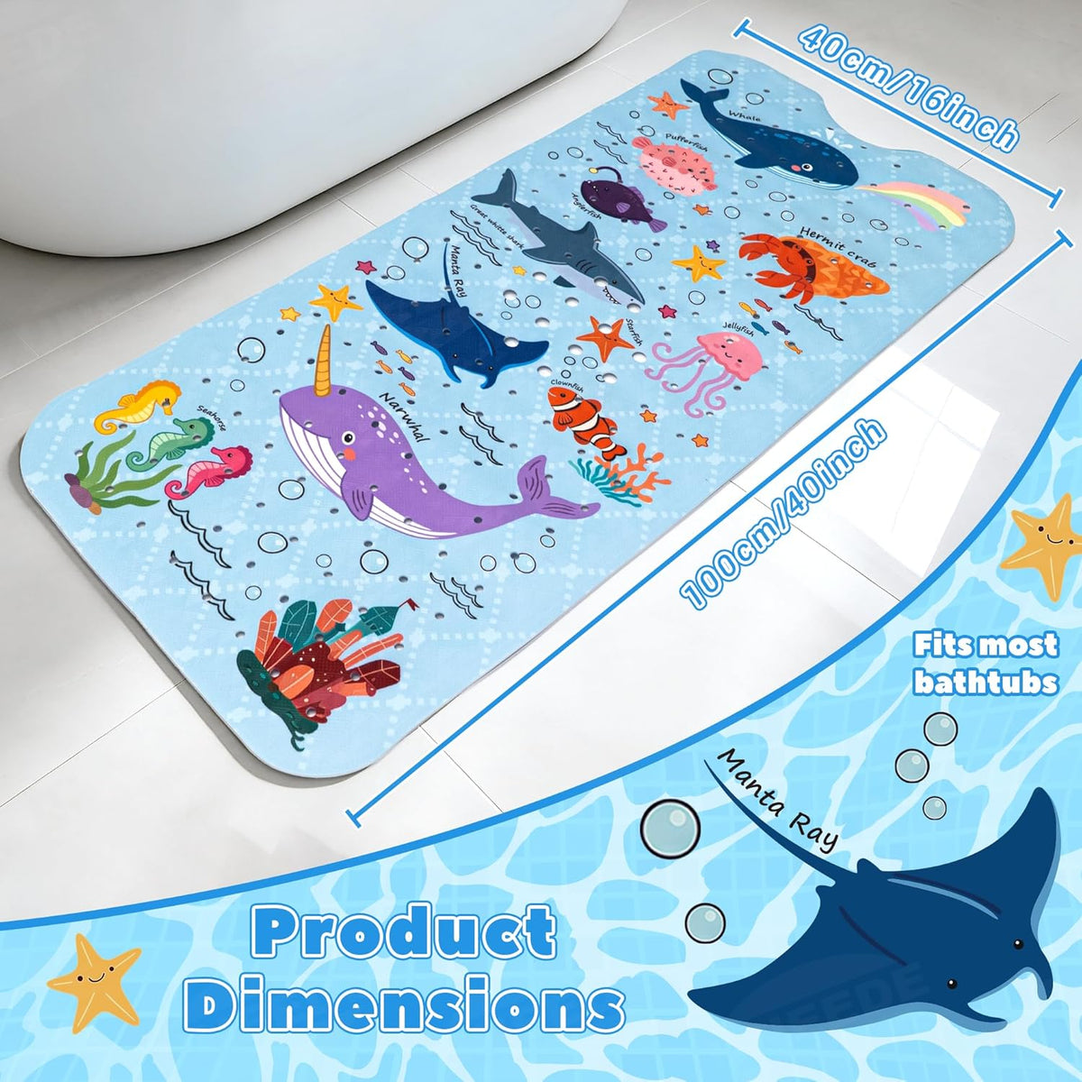 Baby Bathtub Mat Non Slip, 40''x16'' Marine Life Bath Mat for Tub 200 Suction Cups & 176 Drain Holes, Machine Washable, Quick Dry Shower Mat for Kids Bath Essentials, BPA Free, Ocean Pattern