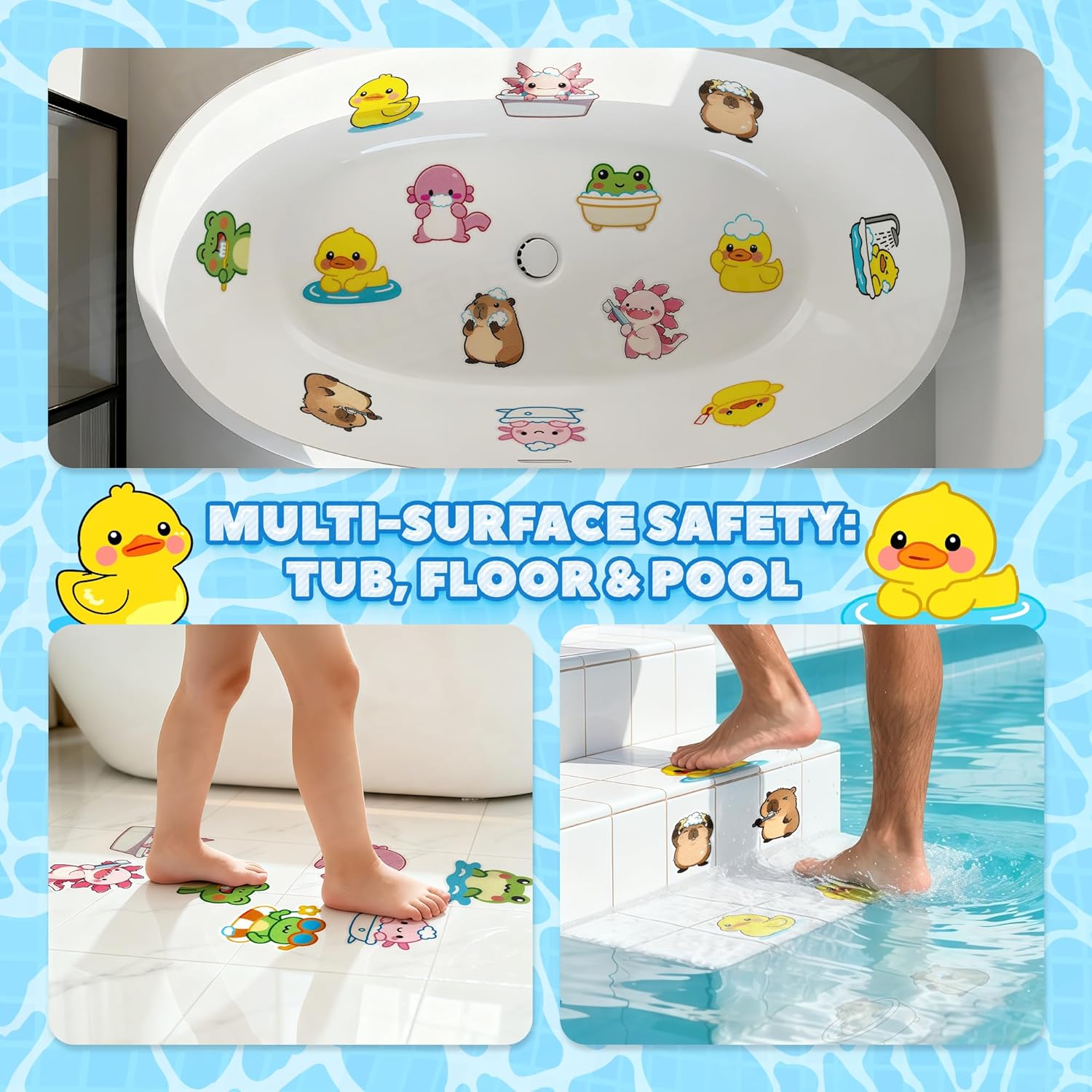UNEEDE Bathtub Non Slip Stickers, 17-Pack Cute Axolotl, Duck, Capybara, Frog Decals, Shower Floor Non Slip Stickers, Textured Surface Anti Slip Shower Stickers, Safety Grip with Premium Scraper