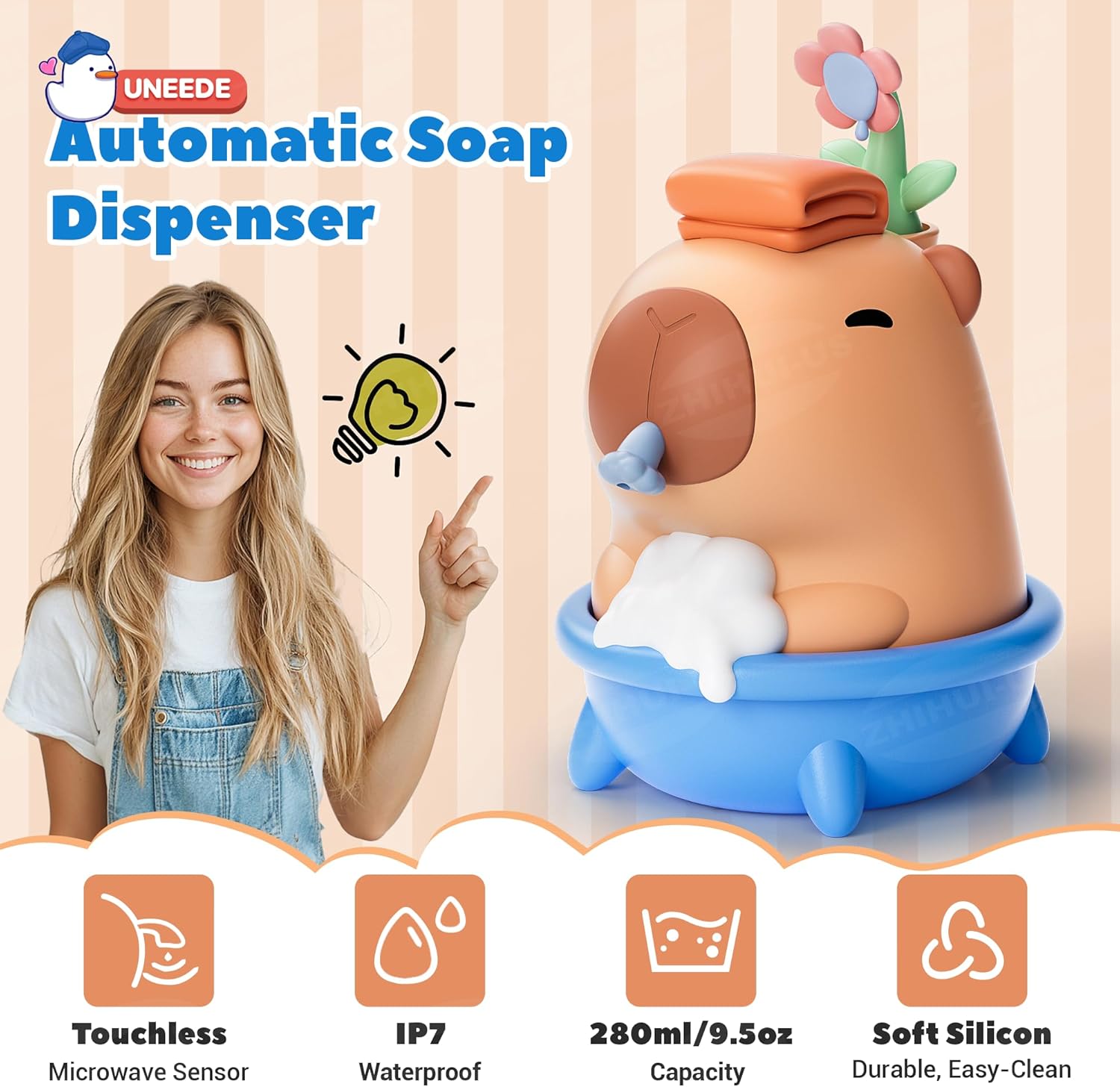 UNEEDE Capybara Soap Dispenser, Automatic Touchless Foaming with Advanced Sensor, IP7 Waterproof, Portable & Wall Mount Rechargeable, 9.5oz/280ml, Cute Soft Silicone Design for Bathroom, Decor Gifts