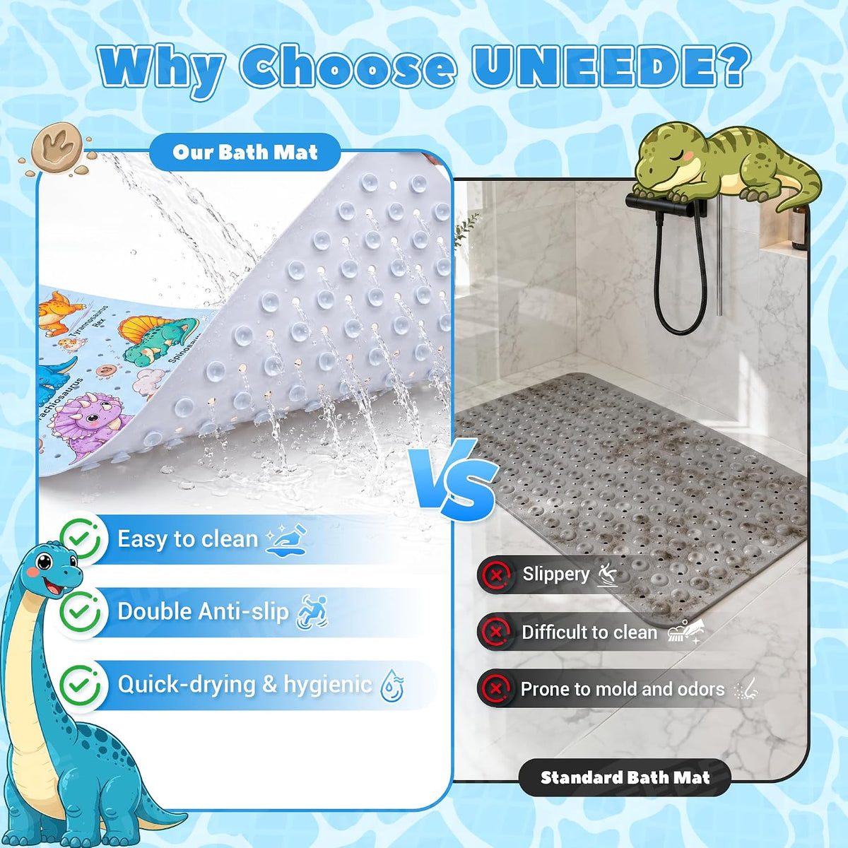 Baby Bathtub Mat Non Slip, Dinosaur Bath Mat for Tub 40"x16" 200 Suction Cups & 176 Drain Holes, Machine Washable, Quick Dry Shower Mat, Kids & Toddlers Bath Essentials, BPA Free