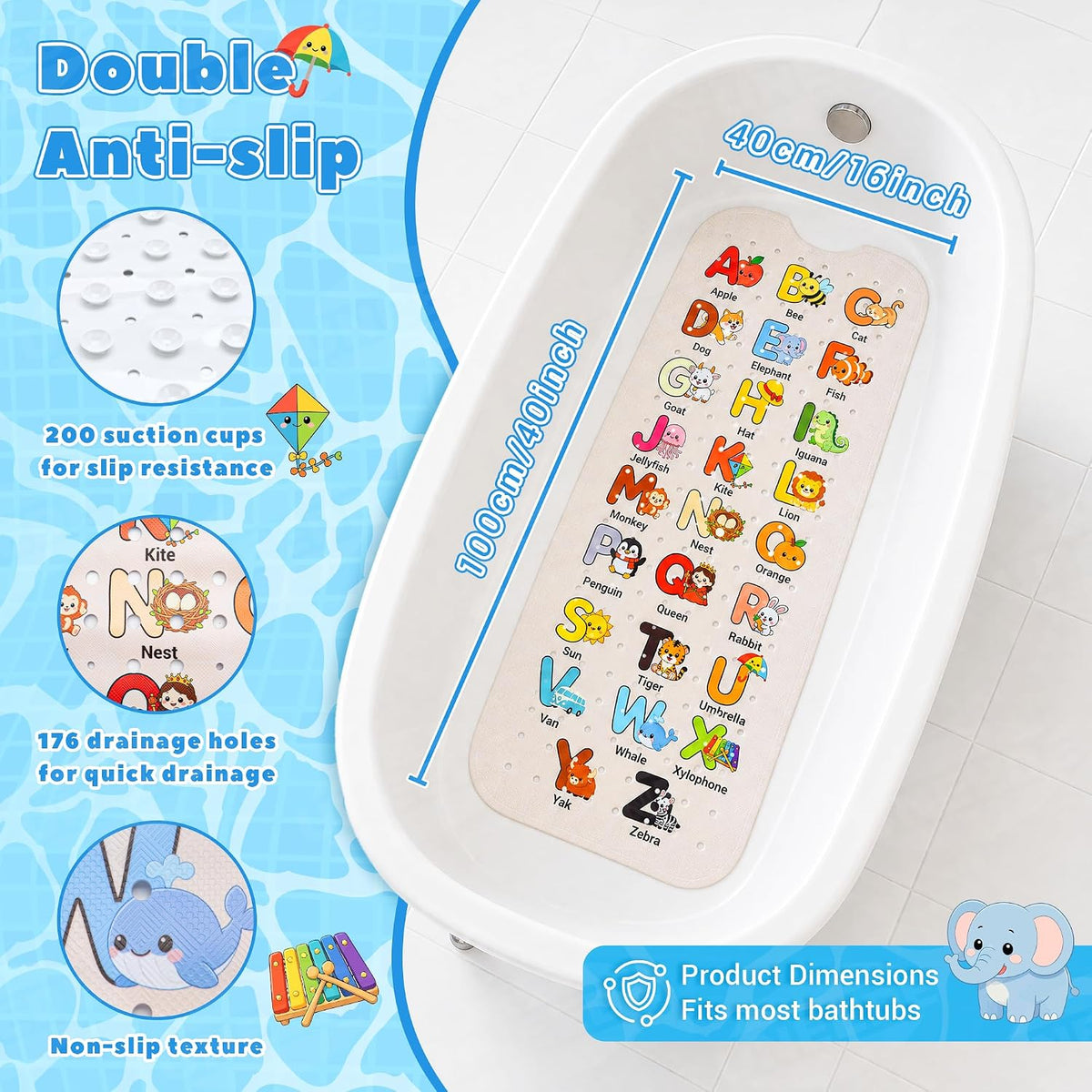 Baby Bathtub Mat Non Slip, Alphabet Bath Mat for Tub 40"x16" 200 Suction Cups & 176 Drain Holes, Machine Washable, Quick Dry Shower Mat, Kids & Toddlers Bath Essentials, BPA Free