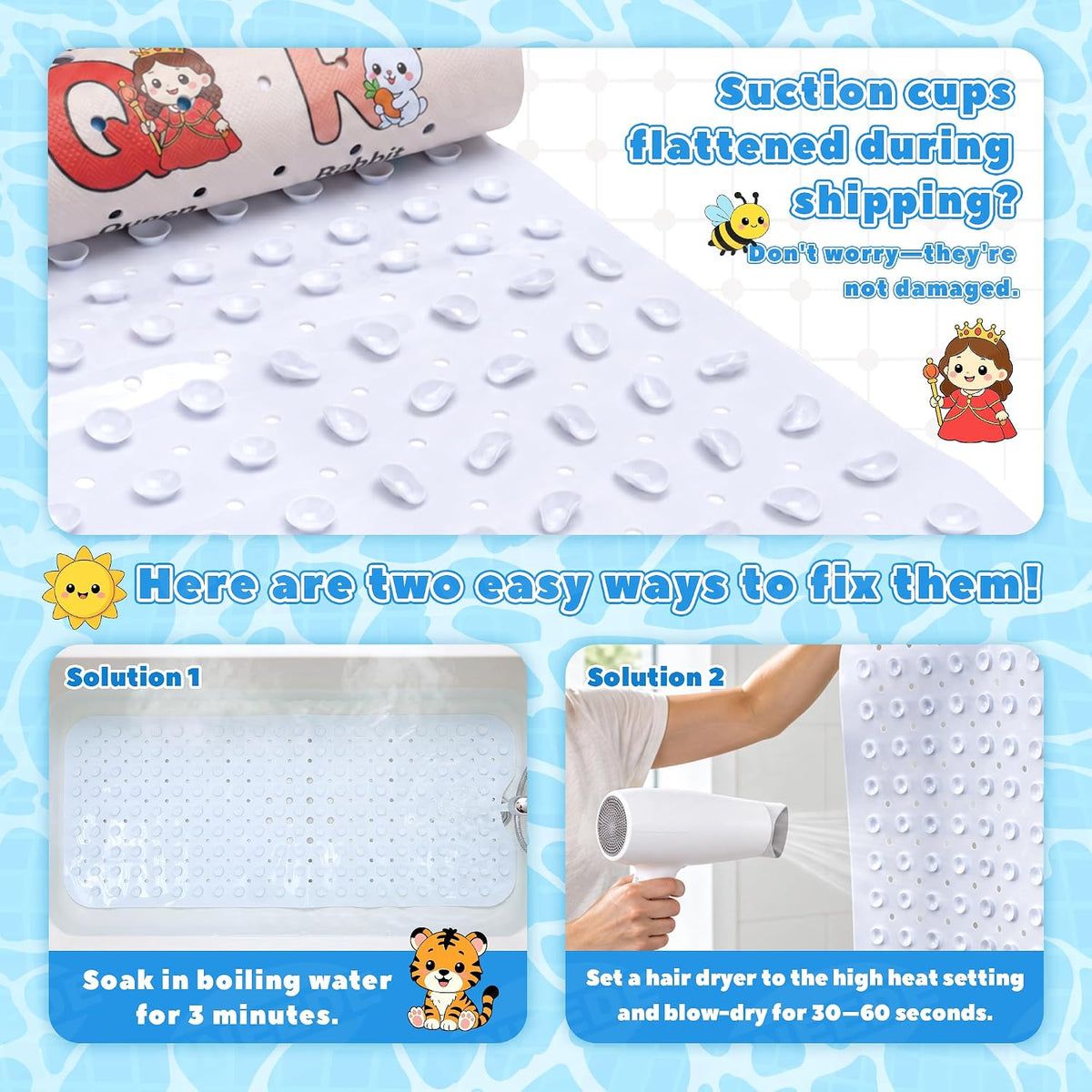 Baby Bathtub Mat Non Slip, Alphabet Bath Mat for Tub 40"x16" 200 Suction Cups & 176 Drain Holes, Machine Washable, Quick Dry Shower Mat, Kids & Toddlers Bath Essentials, BPA Free