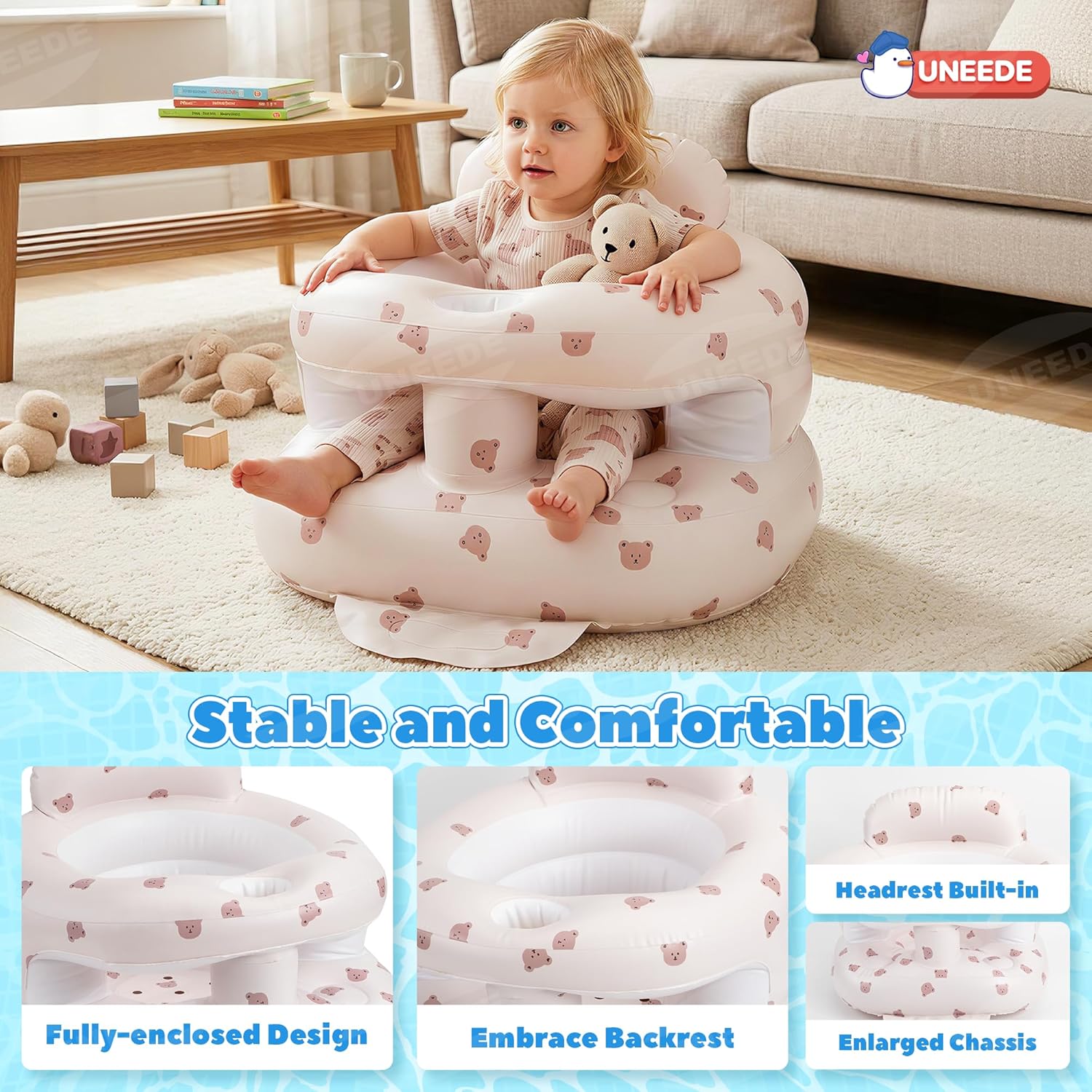 UNEEDE Inflatable Baby Seat for 3 Months & up, Infant Floor Baby Chair with Fence & Built in Air Pump,Lightweight Travel Baby Bath Seat for Home, Camping， Beach & Outdoor