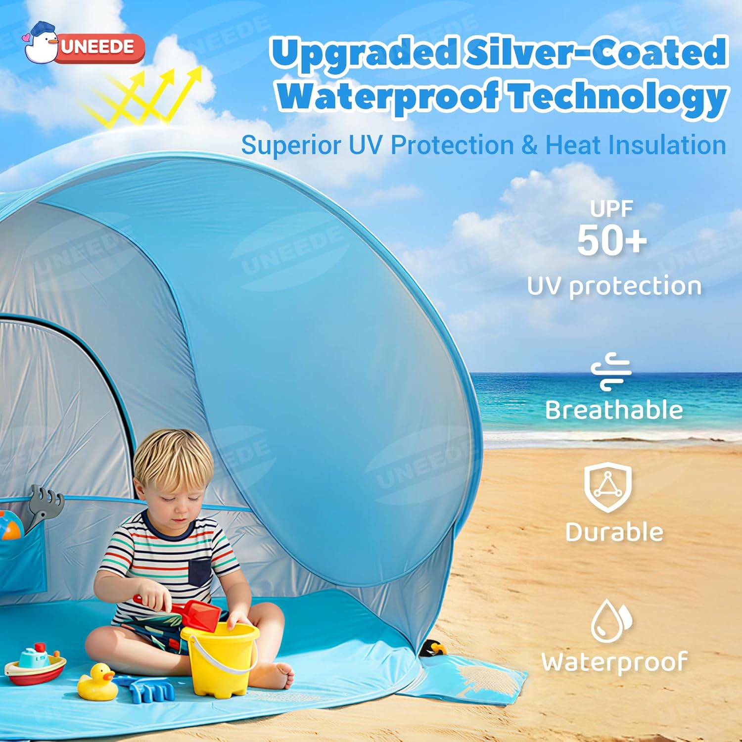 Baby Beach Tent Extra Large Pop Up Baby Tent with UV Protection - Spacious Family Sun Shelter for Parent & Child, Portable Beach Essentials (Blue, 53.1" x 36.6" x 37.4")