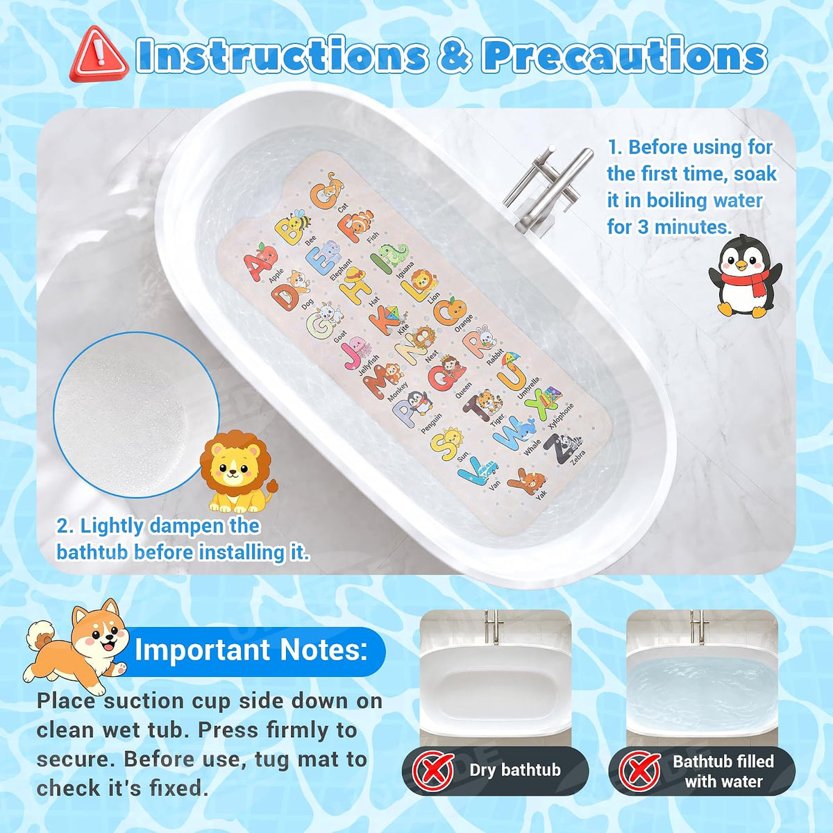 Baby Bathtub Mat Non Slip, Alphabet Bath Mat for Tub 40"x16" 200 Suction Cups & 176 Drain Holes, Machine Washable, Quick Dry Shower Mat, Kids & Toddlers Bath Essentials, BPA Free