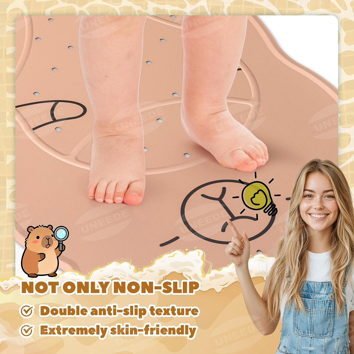 Kids Bathtub Mat Non Slip, Soft Rubber Shower Mat for Toddler Machine Washable Bath Mat with 100+ suction cups and 50+ Drainage Holes, 30"x18" Cute Capybara Design, Baby Bath Essentials