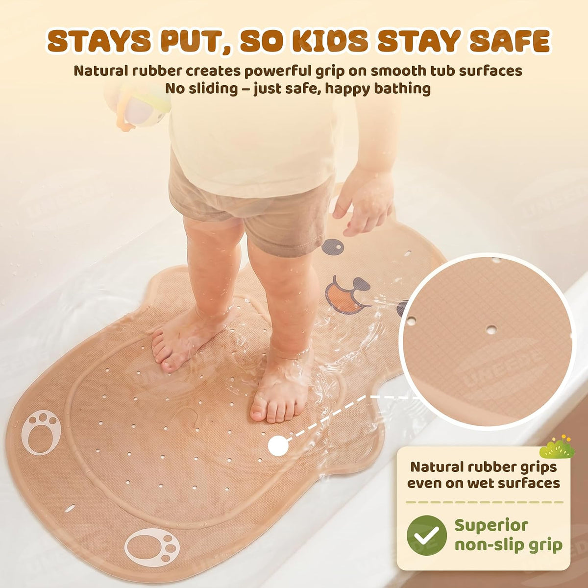 Non Slip Bathtub Mat for Kids Natural Rubber Toddler Bath Mat with 126 Suction Cups and 43 Drainage Holes, Soft Machine Washable Bathroom Essentials