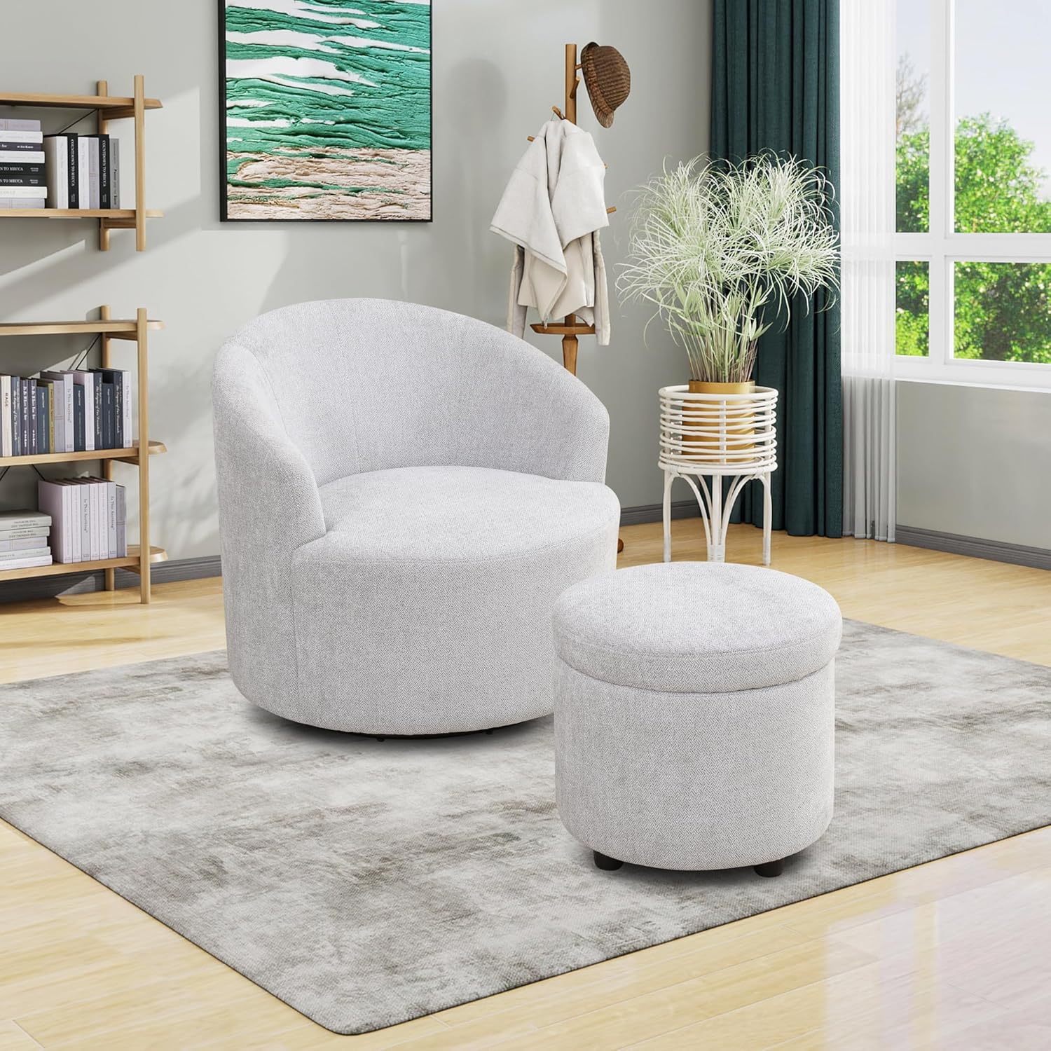 UNEEDE Oversized Chair with Ottoman, Gray Beige Breathable Linen Sofa and Ottoman Set, Compact for Living Room Office Bedroom, Small Space Sofa for Apartment Reading Rest