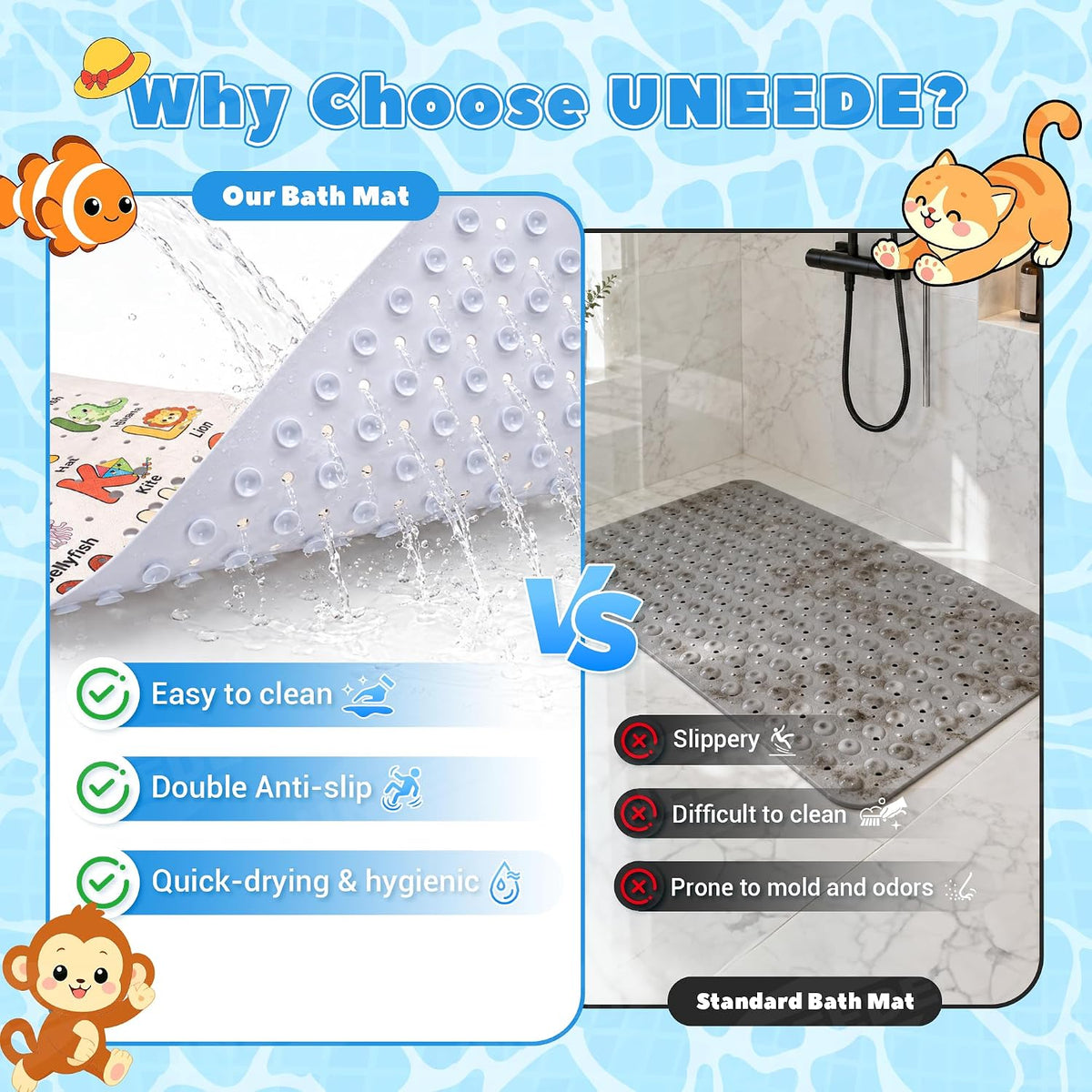 Baby Bathtub Mat Non Slip, Alphabet Bath Mat for Tub 40"x16" 200 Suction Cups & 176 Drain Holes, Machine Washable, Quick Dry Shower Mat, Kids & Toddlers Bath Essentials, BPA Free