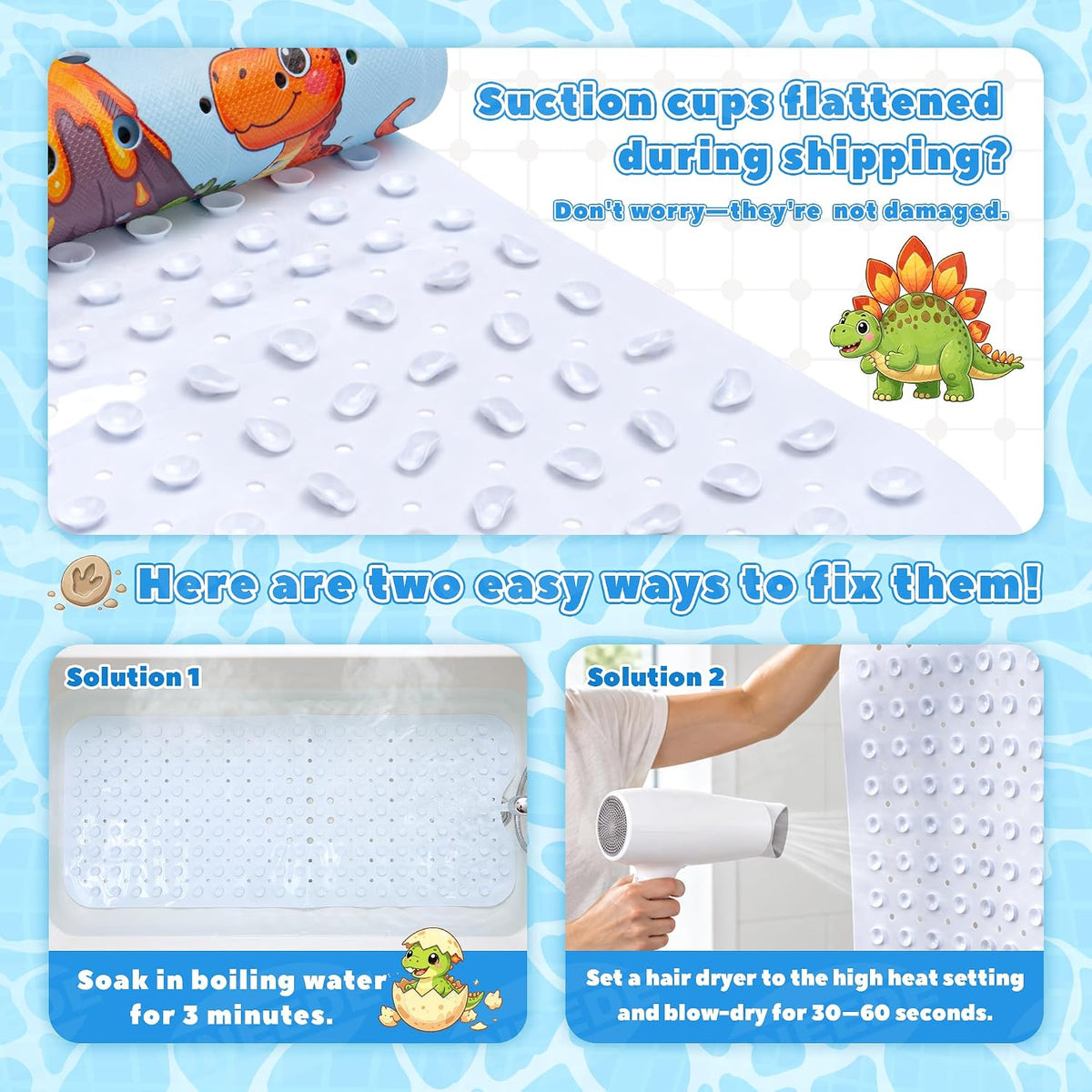 Baby Bathtub Mat Non Slip, Dinosaur Bath Mat for Tub 40"x16" 200 Suction Cups & 176 Drain Holes, Machine Washable, Quick Dry Shower Mat, Kids & Toddlers Bath Essentials, BPA Free