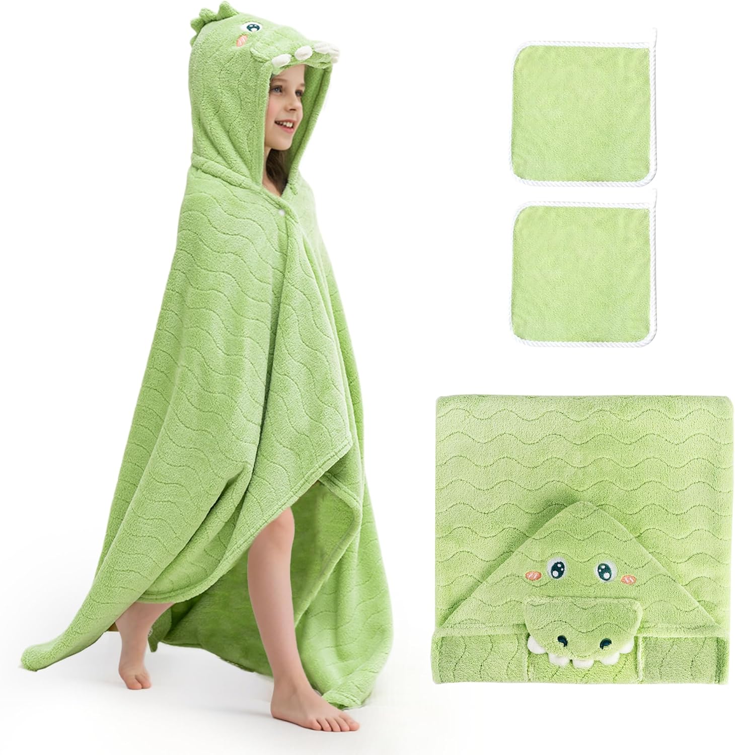 UNEEDE Green Dinosaur Bath Hooded Towel for Kids,Extra Soft and Fast Drying Poncho for Toddlers Age 3-10,Kids Beach Hooded Towel Polyester Size 31 x 47 in,Machine Washable Poncho for Bath Beach Pool