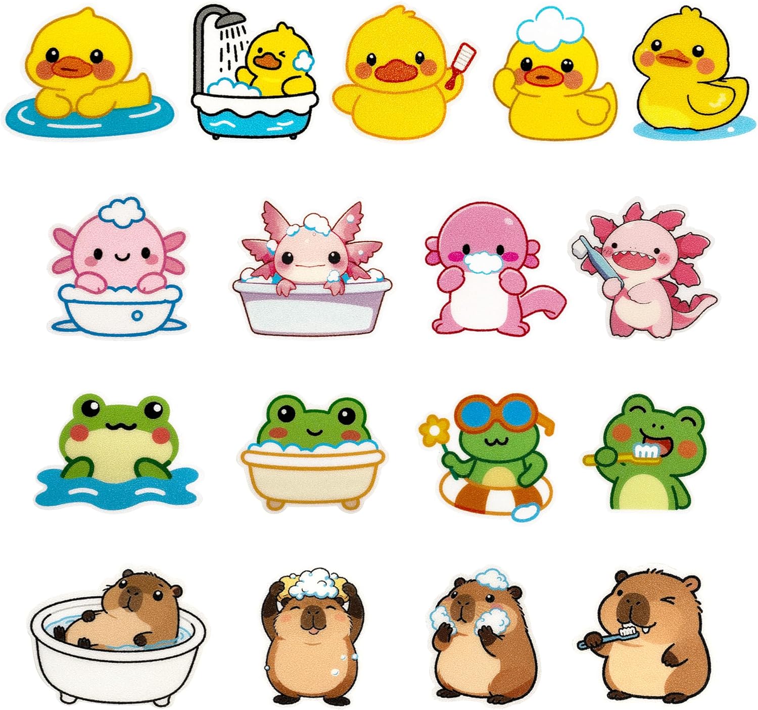 UNEEDE Bathtub Non Slip Stickers, 17-Pack Cute Axolotl, Duck, Capybara, Frog Decals, Shower Floor Non Slip Stickers, Textured Surface Anti Slip Shower Stickers, Safety Grip with Premium Scraper