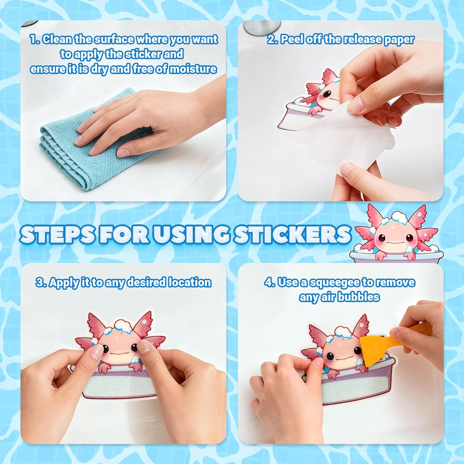 UNEEDE Bathtub Non Slip Stickers, 17-Pack Cute Axolotl, Duck, Capybara, Frog Decals, Shower Floor Non Slip Stickers, Textured Surface Anti Slip Shower Stickers, Safety Grip with Premium Scraper