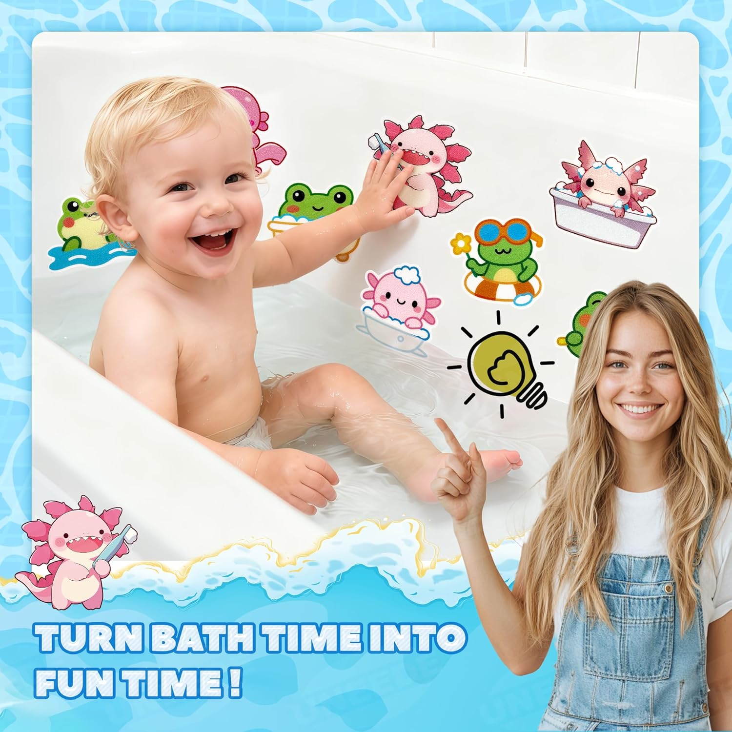 UNEEDE Bathtub Non Slip Stickers, 17-Pack Cute Axolotl, Duck, Capybara, Frog Decals, Shower Floor Non Slip Stickers, Textured Surface Anti Slip Shower Stickers, Safety Grip with Premium Scraper